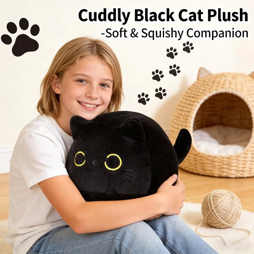 Peluche Gato Negro 25cm Almohada de Peluche Muñeca de Felpa Regalo para Amantes de Gatos