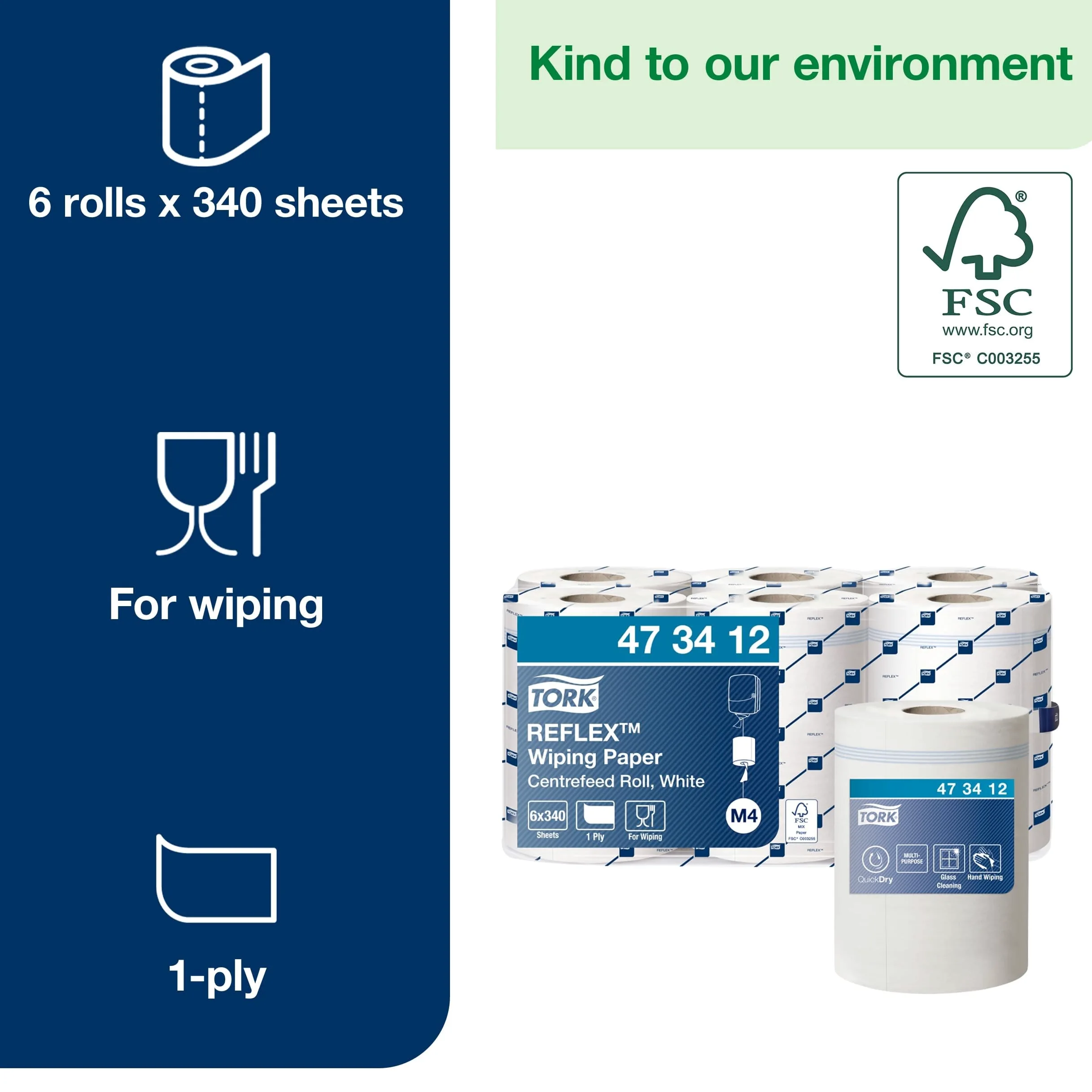 Tork 473412 Reflex Papel de secado QuickDry/Premium / 1 capa/Paños de limpieza compatibles con el sistema M4 / 6 bobinas x 113,9 m de largo/color blanco