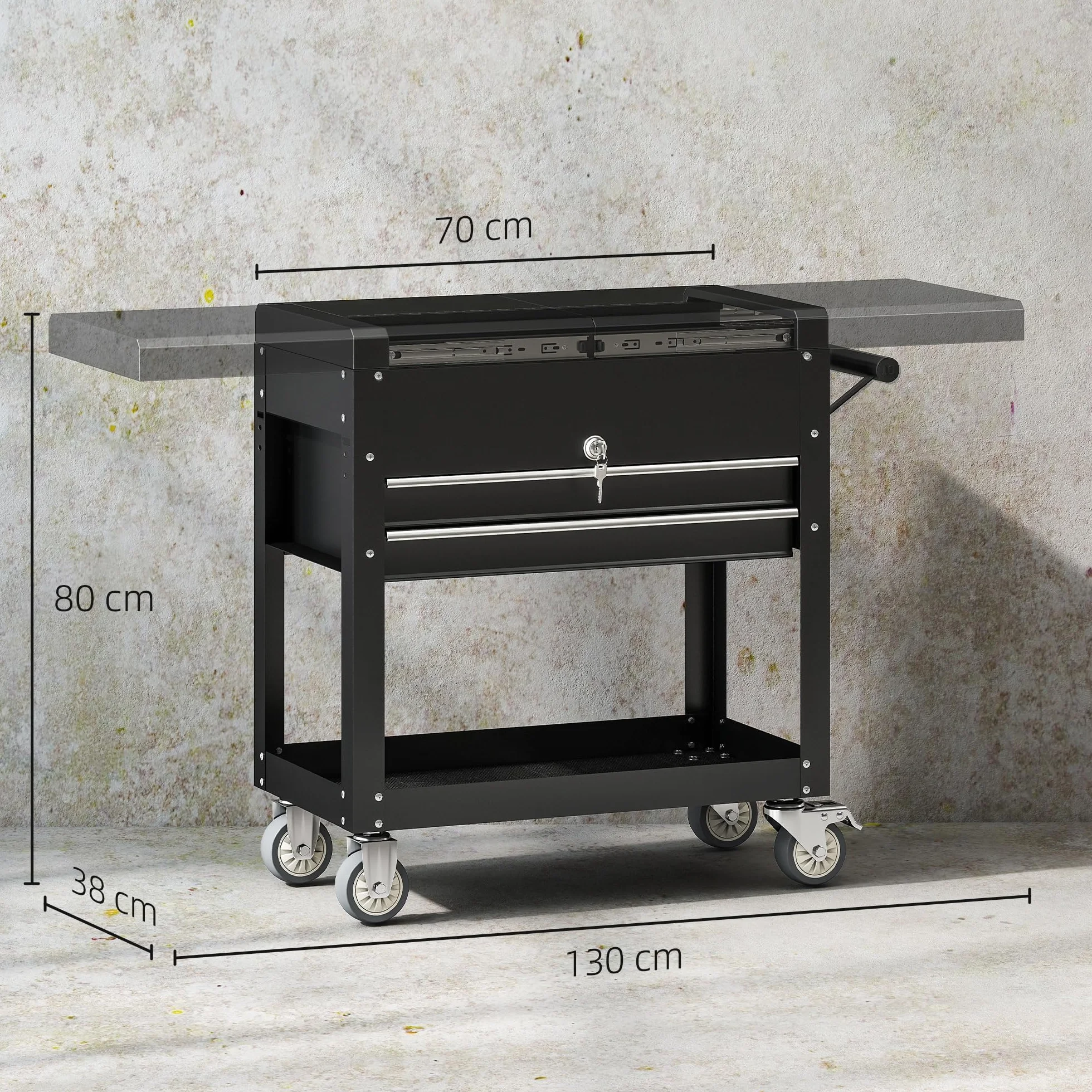 HOMCOM Carro de Herramientas con Ruedas, Carro de Taller Móvil con Tapa Deslizante, 2 Cajones con Cerradura, Bandeja, Caja de Herramientas de Acero, para Taller, Garaje, Negro