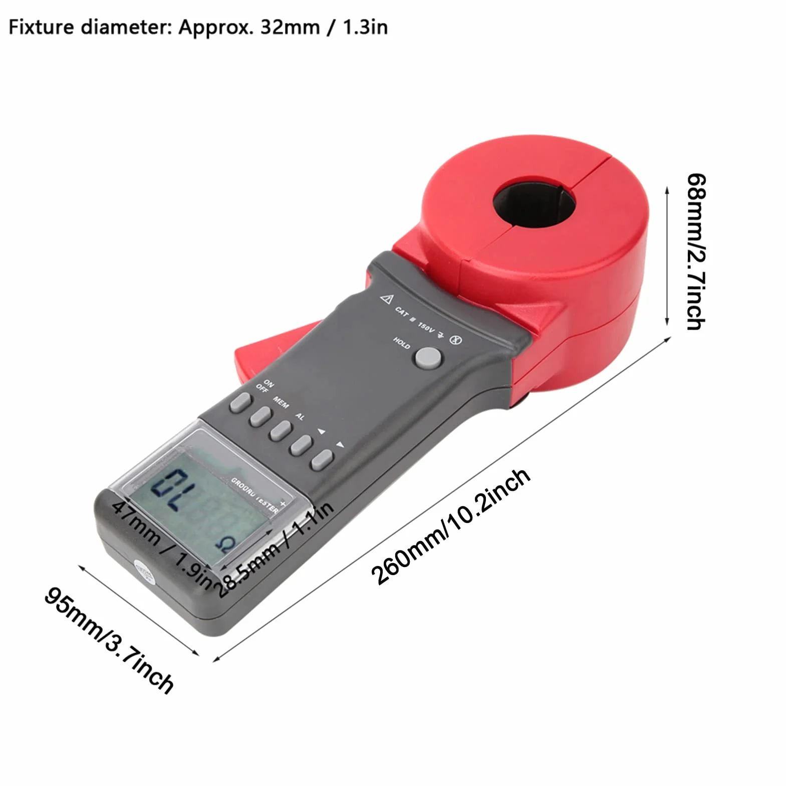 Pinza digital en probador de resistencia a tierra de tierra Medidor de continuidad eléctrica con pantalla LCD portátil con caja de aluminio de almacenamiento de datos (boca redonda)