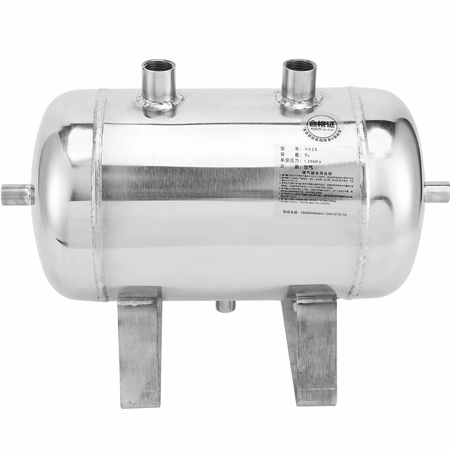 Tanque de Almacenamiento de Gas de Acero de 5 Litros Depósito de Aire Contenedor de 4 Puertos de Acero Inoxidable 304 con Alta Presión 1/4NPT para Uso Industrial Médico y