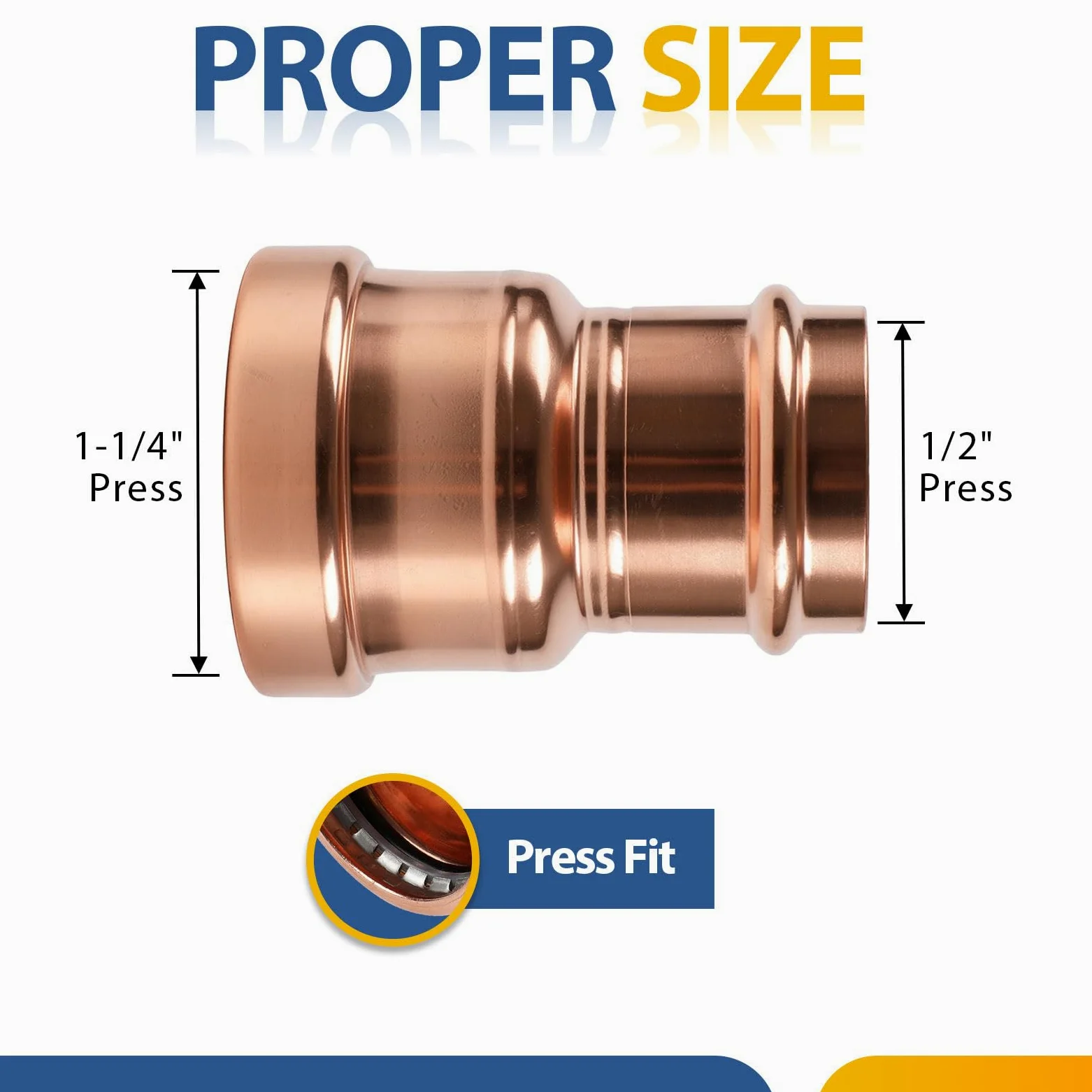 Paquete de 2 acoplamientos de presión de cobre GUOFIS sin tope, 1-1/4" x 1/2", acoplamiento de cobre para conexiones de tuberías de reparación y remodelación de plomería, diseño de flujo continuo.