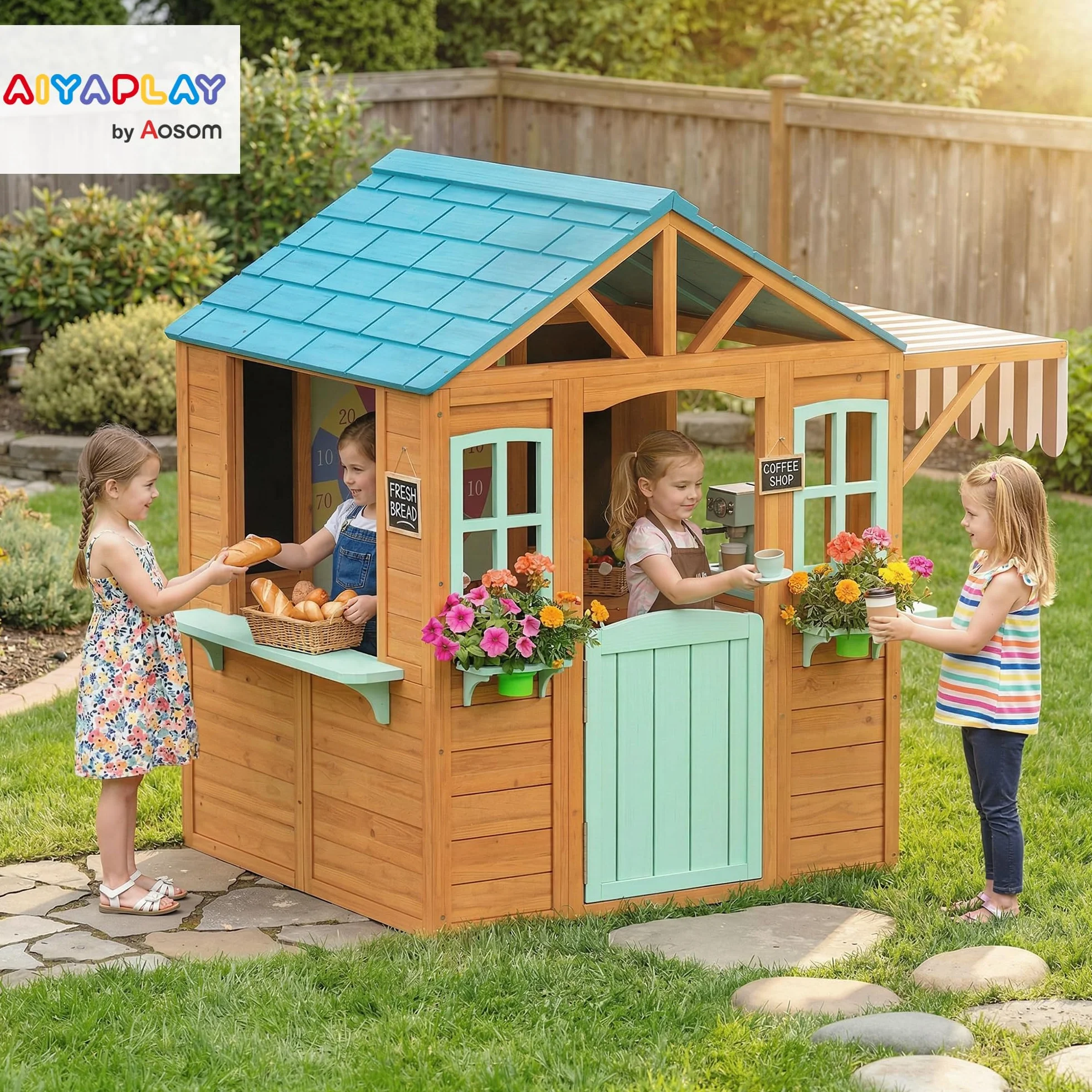AIYAPLAY Casita Infantil Madera Exterior Interior con Barra Snack Maceteros Pizarra Ventanas Tela Tiro Pelotas Jardín Niños 3-6 Años Multicolor