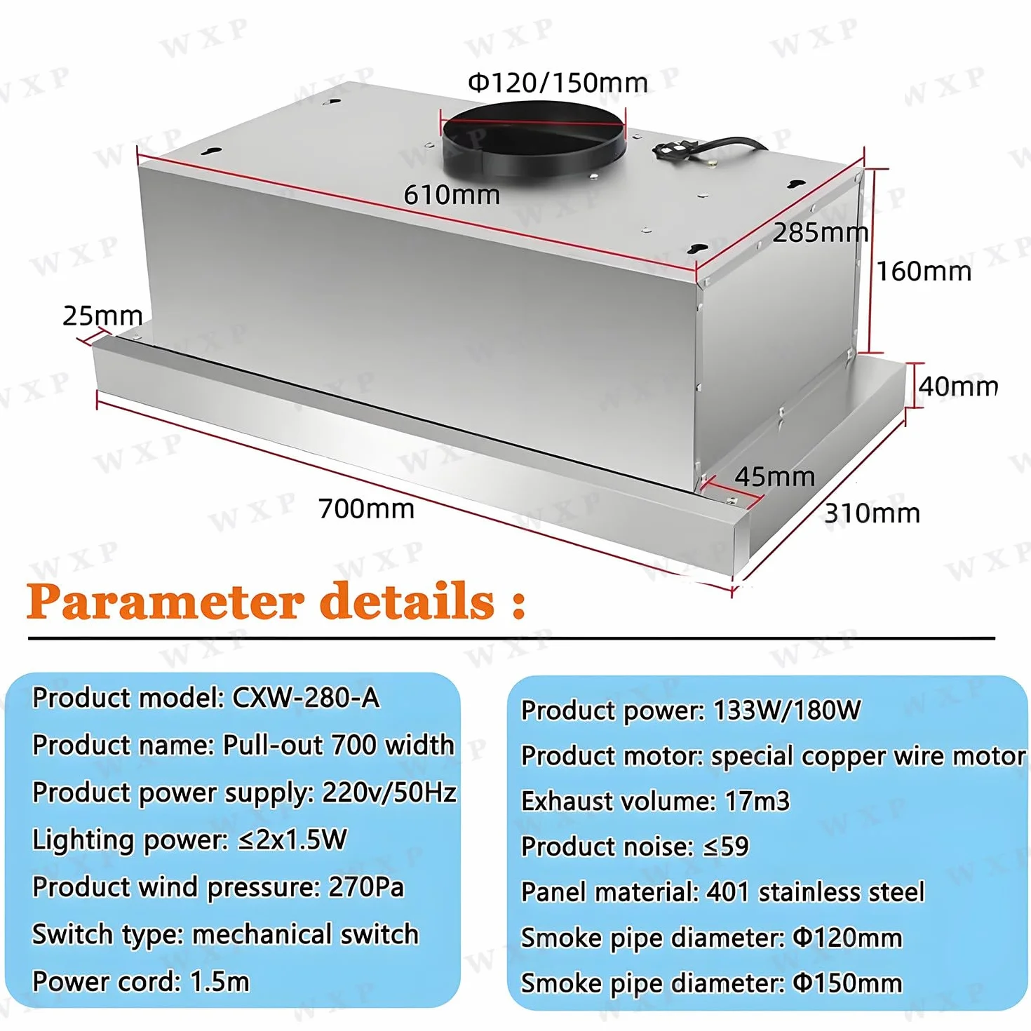 Campana Extractora Bajo Armario 70cm 18m³/min Luz LED Recirculación