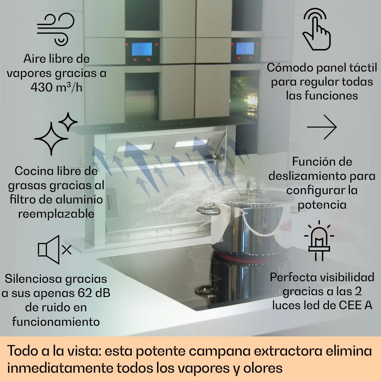 KLARSTEIN Royal Flush Downdraft Campana extractora replegable, 430 m³/h, Acero Inoxidable, 60 cm, Negro