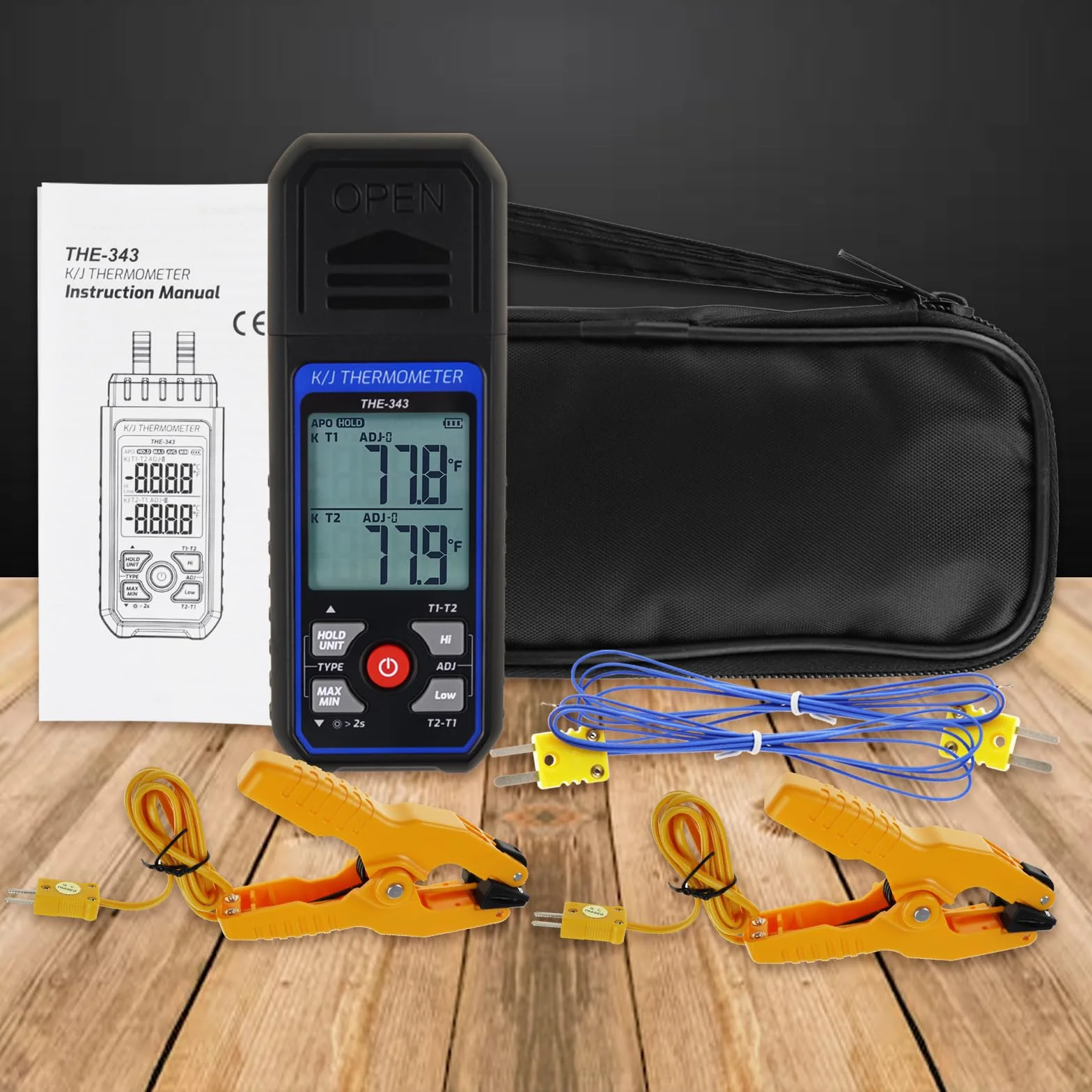 Termómetro Digital con Termopar, Medidor de Temperatura HVAC con 2 Pinzas de Temperatura y 2 Sondas de Termopar con Cable, Doble Canal con Alarma y Compensación ADJ (-328~2500 ℉)