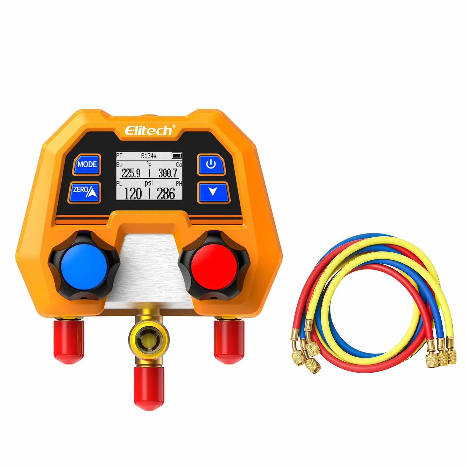 Elitech Manifold - Medidor de refrigerante 600 psi/41 bar ± 1% de precisión, 88 tipos de refrigerantes y medición de presión/temperatura, protección IP54 para sistemas de aire acondicionado
