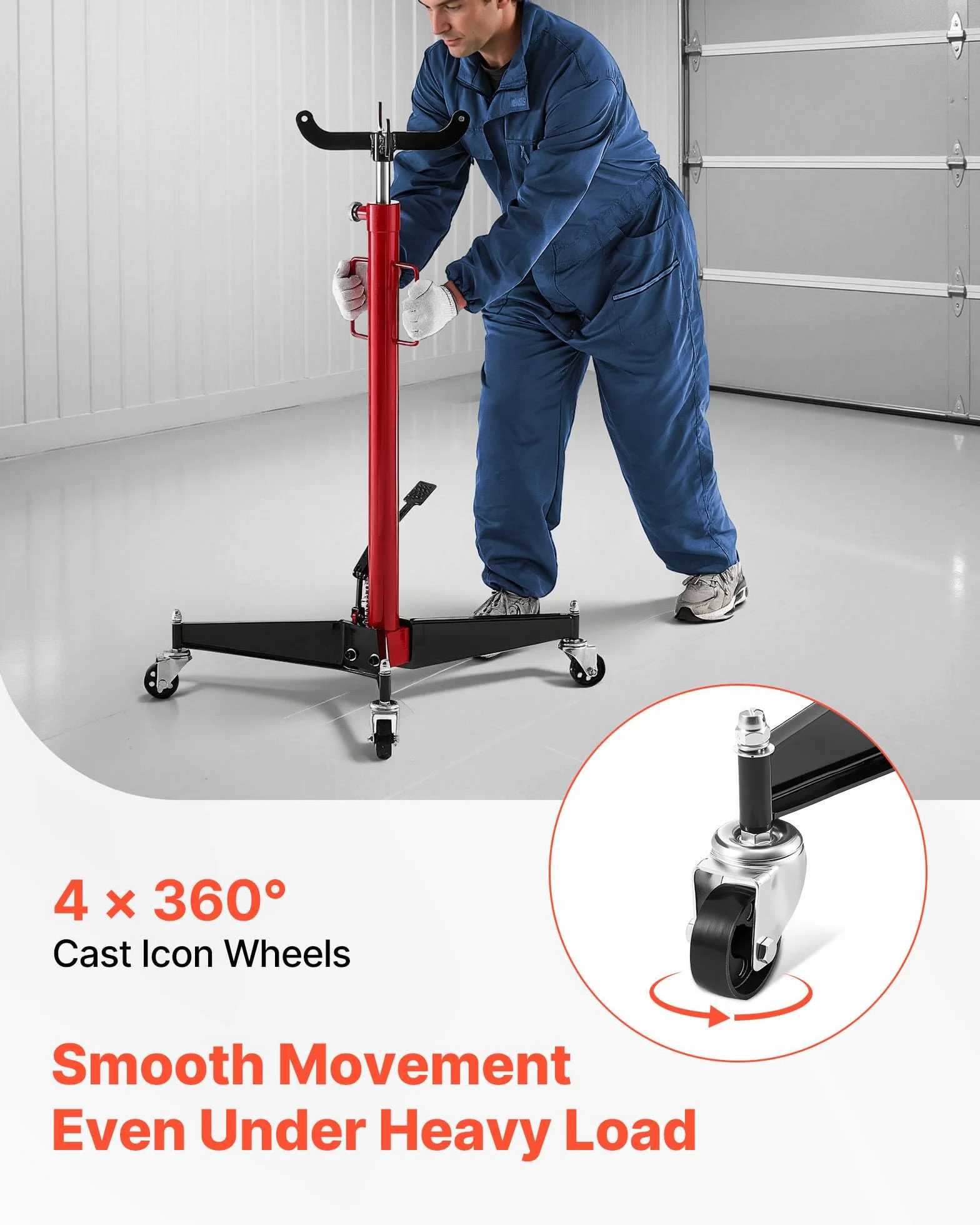 VEVOR Gato Hidráulico para Coche, con Capacidad de Elevación 500 kg, con Pedal, Rueda Giratoria 360°, Altura de Elevación 112-187 cm, para Taller/Garaje, Rojo y Negro, 640 x 575 x 1140–1890 mm