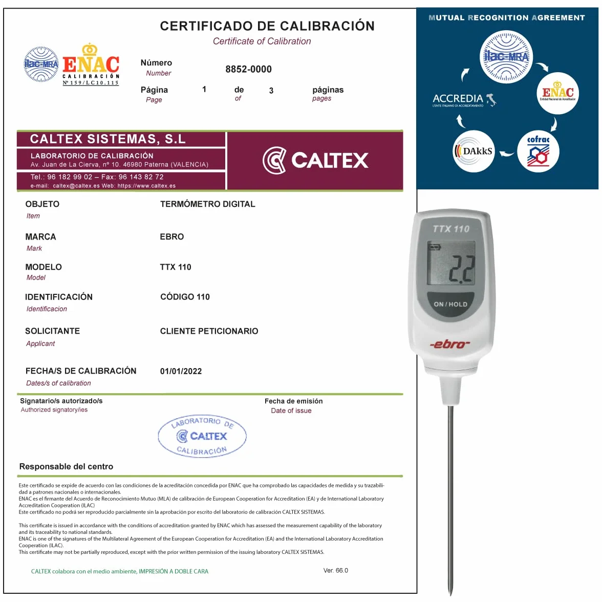 Termómetro EBRO TTX 110 - Termómetro Calibrado ENAC - Incluye Certificado de Calibración Acreditado