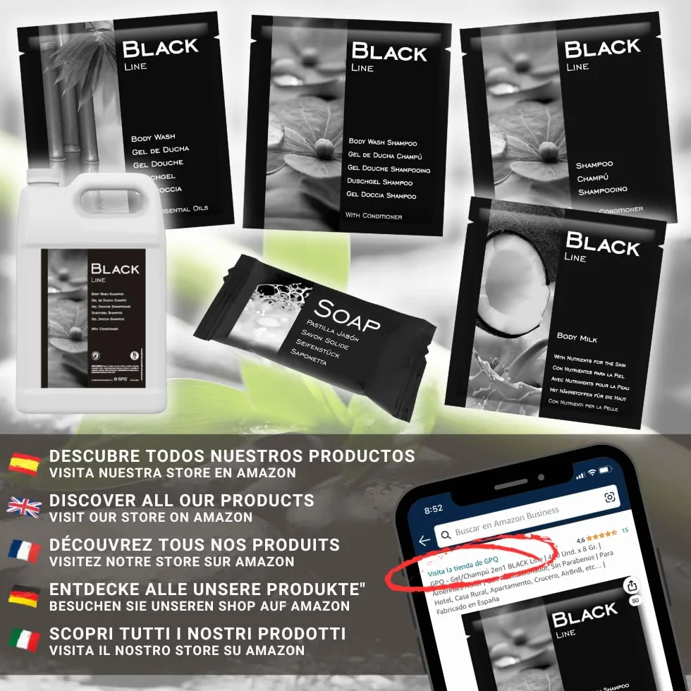 Amenities Pack BLACK Line Gel Champu Pastilla Jabon 100 Ud x 3 Product Aceite Esencial Sin Parabenos Hotel Casa Rural