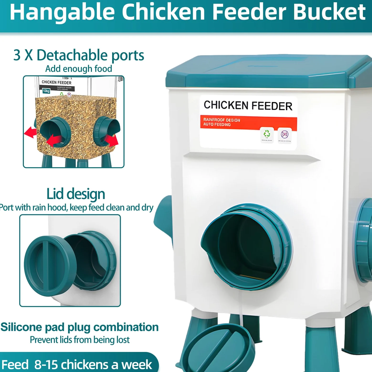 Juego de comedero de pollo de 12 kg y bebedero de 11 litros, comederos y bebederos de pollo, comederos de pollo sin desperdicios, comedero para aves de corral al aire libre con patas desmontables