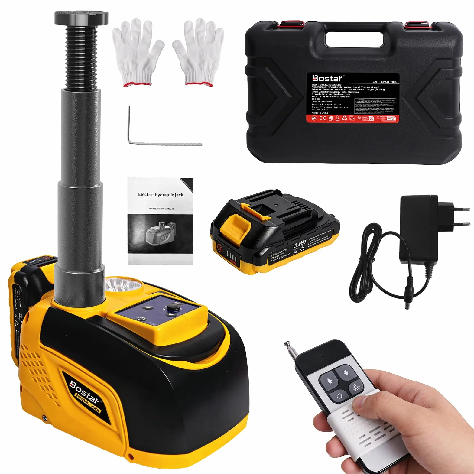 Bostar Gato Hidráulico Eléctrico 5T Compatible Makita-18V Batería, Kit Elevador Coche Inalámbrico con Mando a Distancia, Altura 15-45cm, Herramienta Cambio Rueda para SUV, Todoterreno y Furgoneta