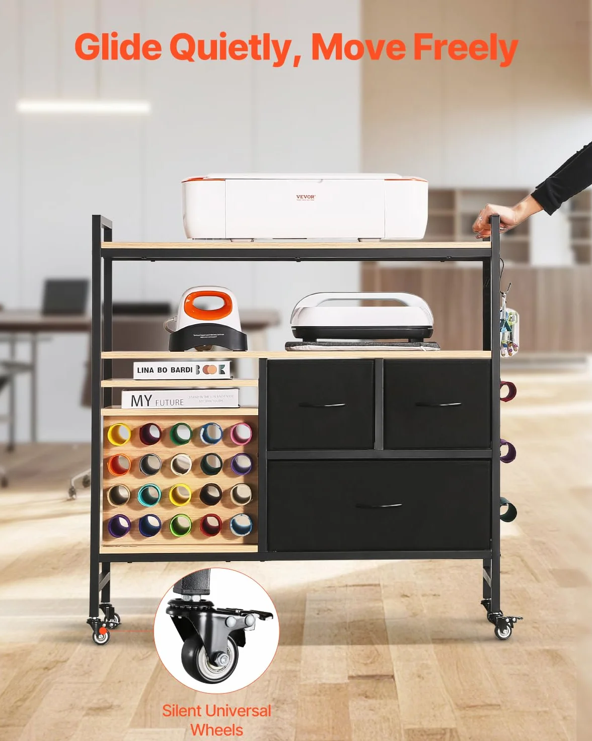 VEVOR Carrito de Manualidades con Ruedas y Mesa de Almacenamiento, Mesa Cricut Plegable con Lados Plegables, 20 Soportes para Rollos de Vinilo y 3 Cajones, Compatible con Máquinas Cricut, Negro