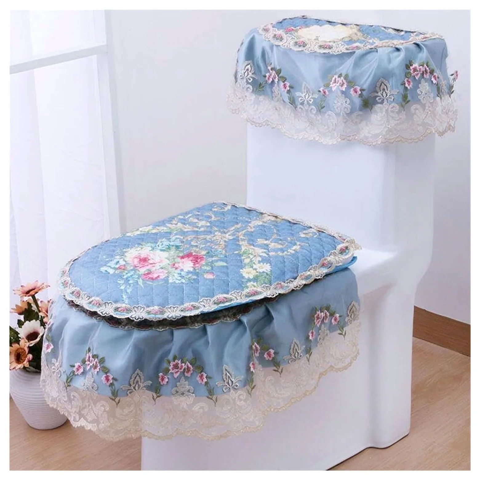 Tapas de inodoro y cubiertas de tanque Asiento de inodoro, cojín for asiento de inodoro, juego de tapa de inodoro de terciopelo de chenilla con encaje, tapa de inodoro y tapas de tanque, almohadillas
