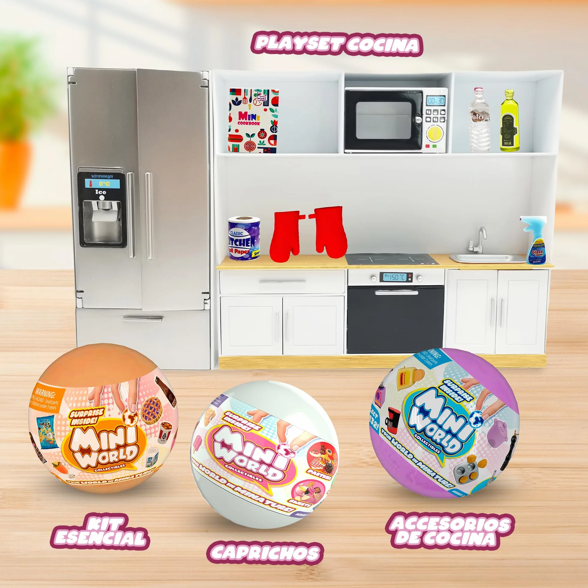 Bizak Mini World Playset Cocina, Set de Cocina con Horno, Microondas, Frigorífico, Dispensador de Hielo y Accesorios, Niños y Niñas +6 Años