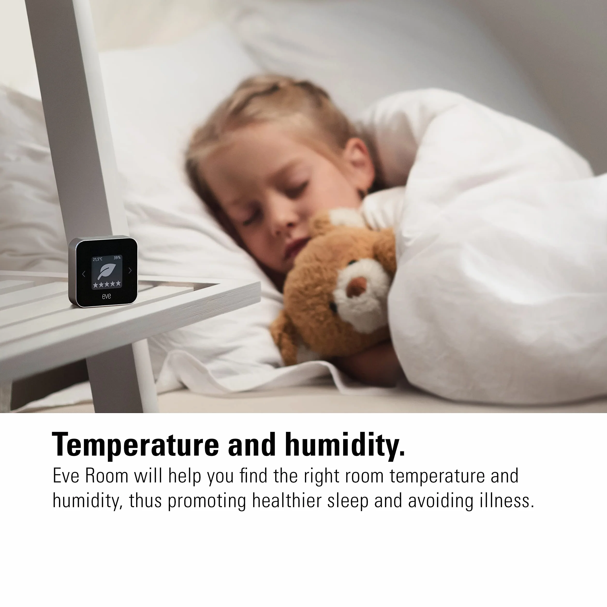 Eve Room – Sensor de calidad del aire para interior para registrar la calidad del aire (COV), temperatura y humedad, tecnología Apple HomeKit, Bluetooth, Thread