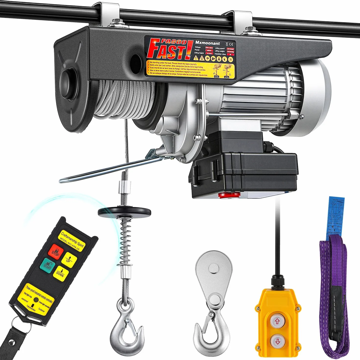 Mxmoonant Polipasto eléctrico, 140/280kg, tipo rápido 10/20m/min, elevación 10/20m, control inalámbrico y por cable, 1600W