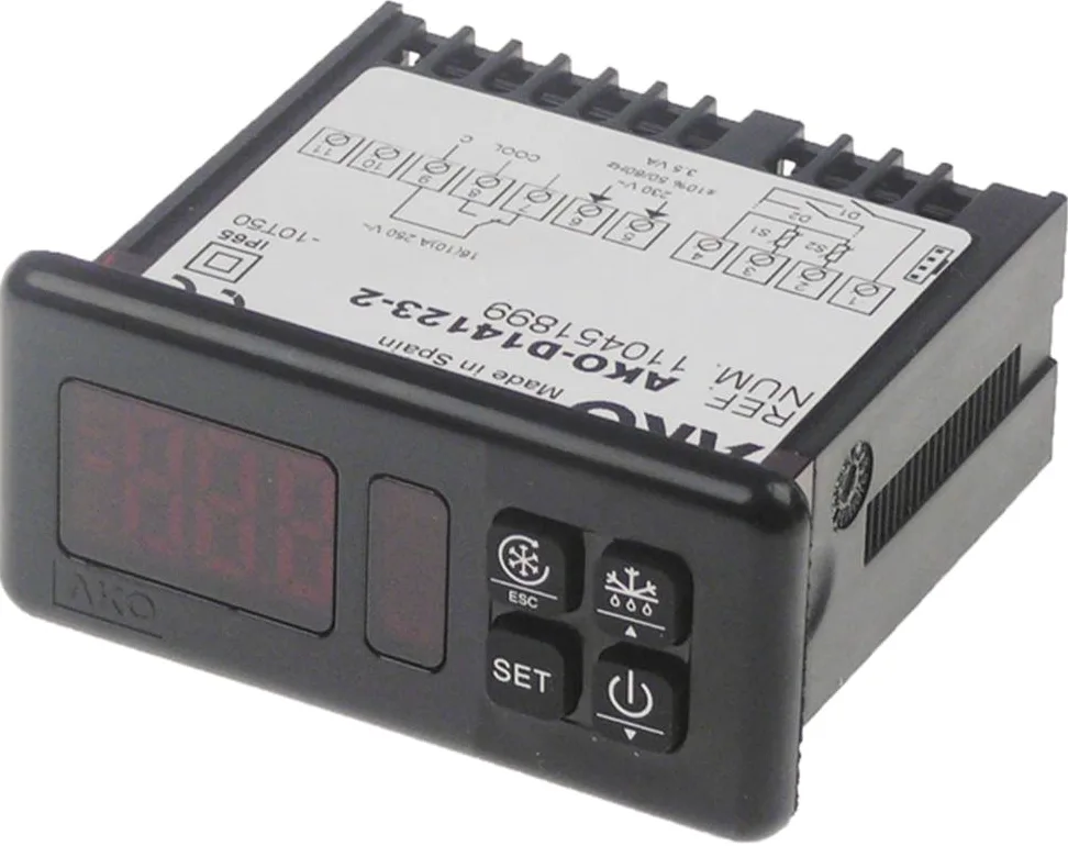 AKO D14123-2 - Regulador electrónico para NTC/PTC de -50 a +99/+150 °C CA, indicador de 3 dígitos, fijación versión, tamaño de montaje 71 x 29 mm DI