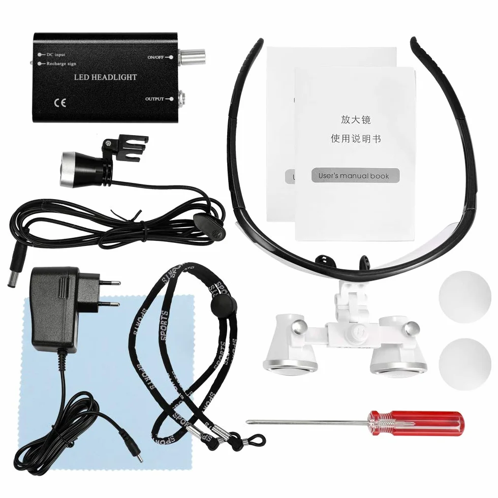 Lupa portátil 3.5X 420mm Quirúrgica Médica Lupas binoculares Auriculares de Vidrio óptico con LED 3W