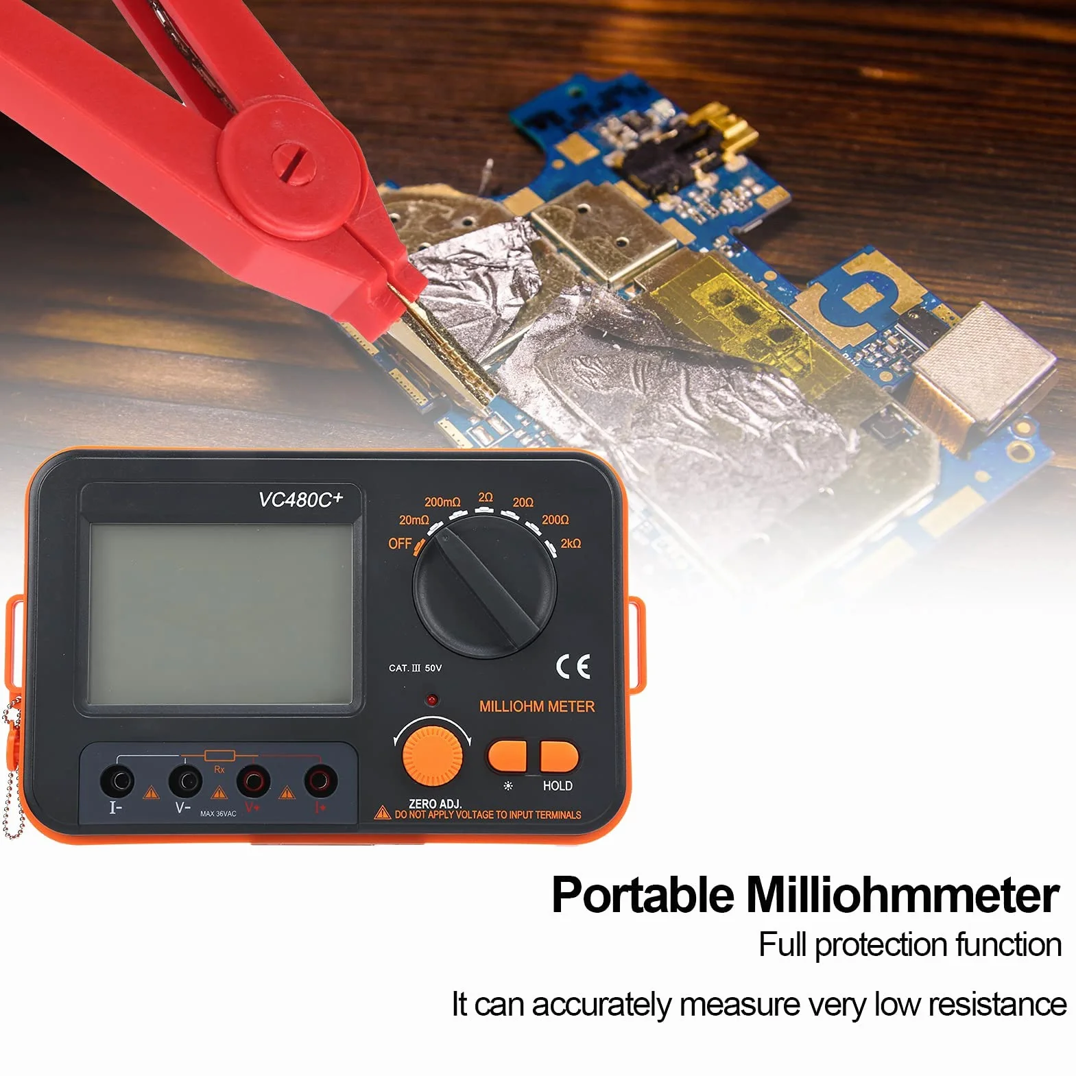 Megóhmetro Digital VC480C 0.01mΩ-2kΩ Probador de Resistencia CC Milliohmímetro de 6 Engranajes Medición de 4 Cables Megohm Meter