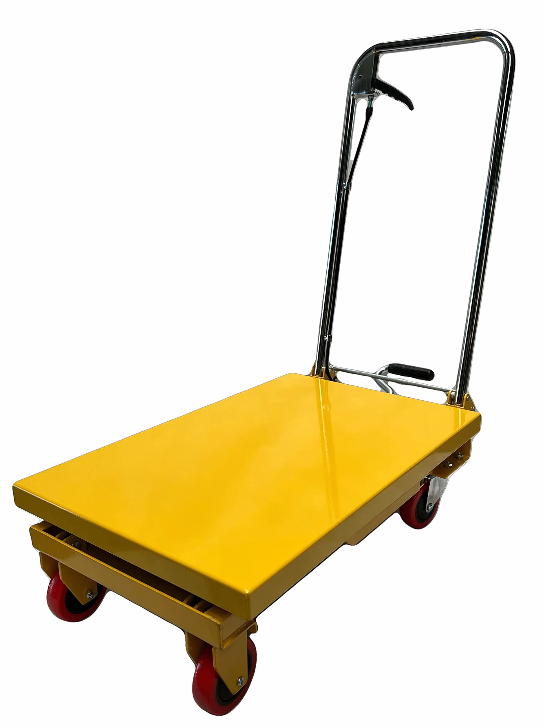 Kraftwelle Plataforma de elevación hidráulica con capacidad de carga de 150 kg, carretilla elevadora móvil con patas de tijera, carretilla de plataforma con 4 ruedas de poliamida amarillas