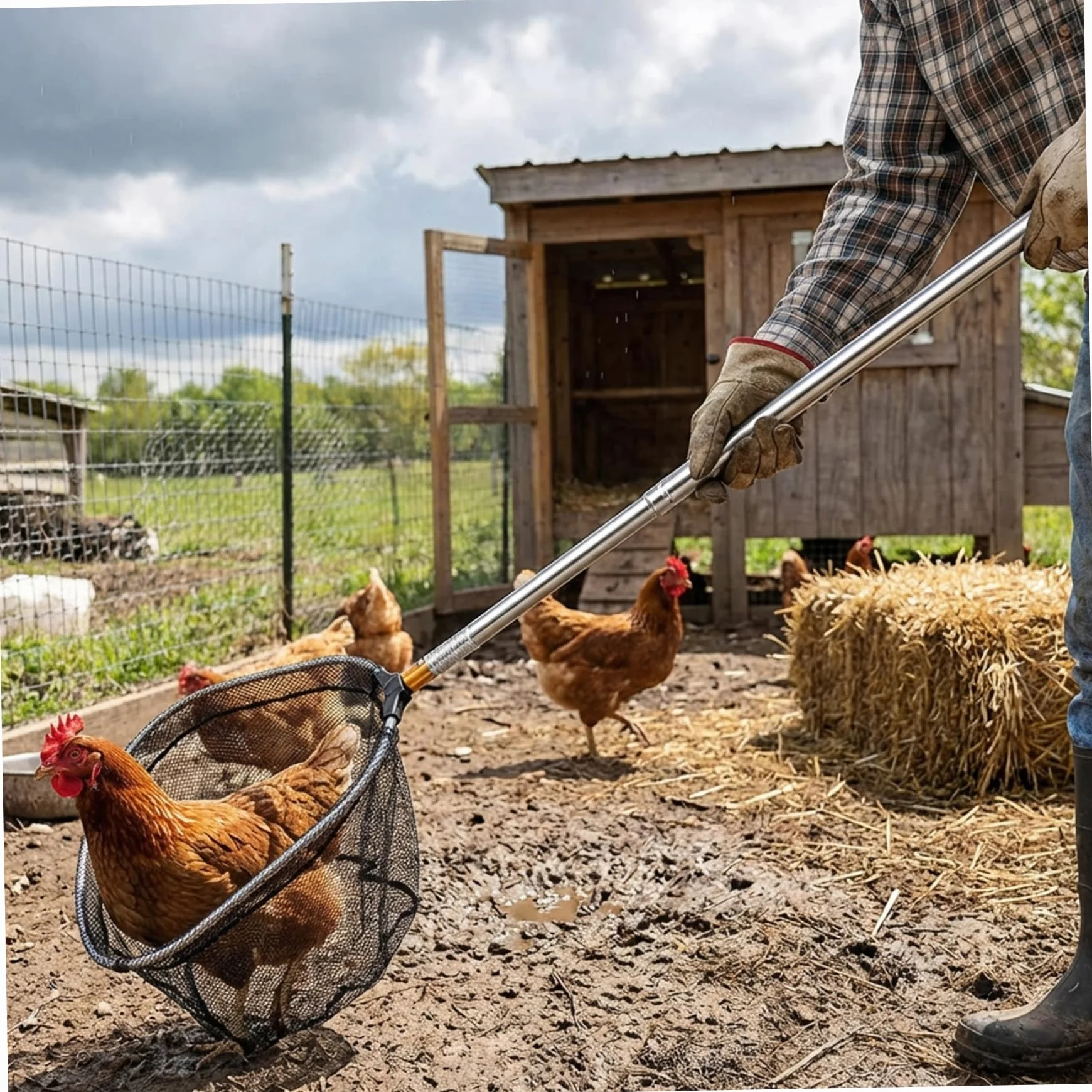 Colector de pollos, Red de captura de pollos, Colector telescópico con extensión de tubo de acero inoxidable, Gancho para aves de corral para pájaros, perros y animales pequeños