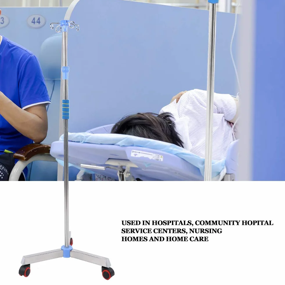 Soporte para suero intravenoso con ruedas, soporte de acero inoxidable Soporte para infusión portátil Soporte para bolsa intravenosa con 4 ganchos para el hospital y el hogar, altura ajustable