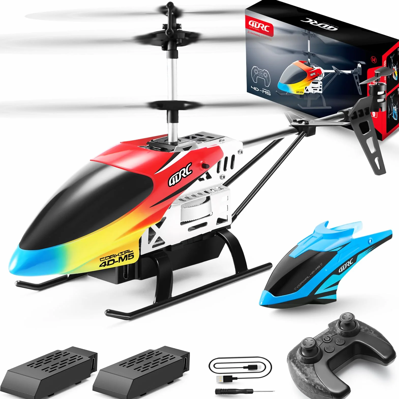 4DRC M5 Helicóptero Teledirigido Interior, Mini Helicóptero Juguete 3,5 Canales LED, 2 Baterías