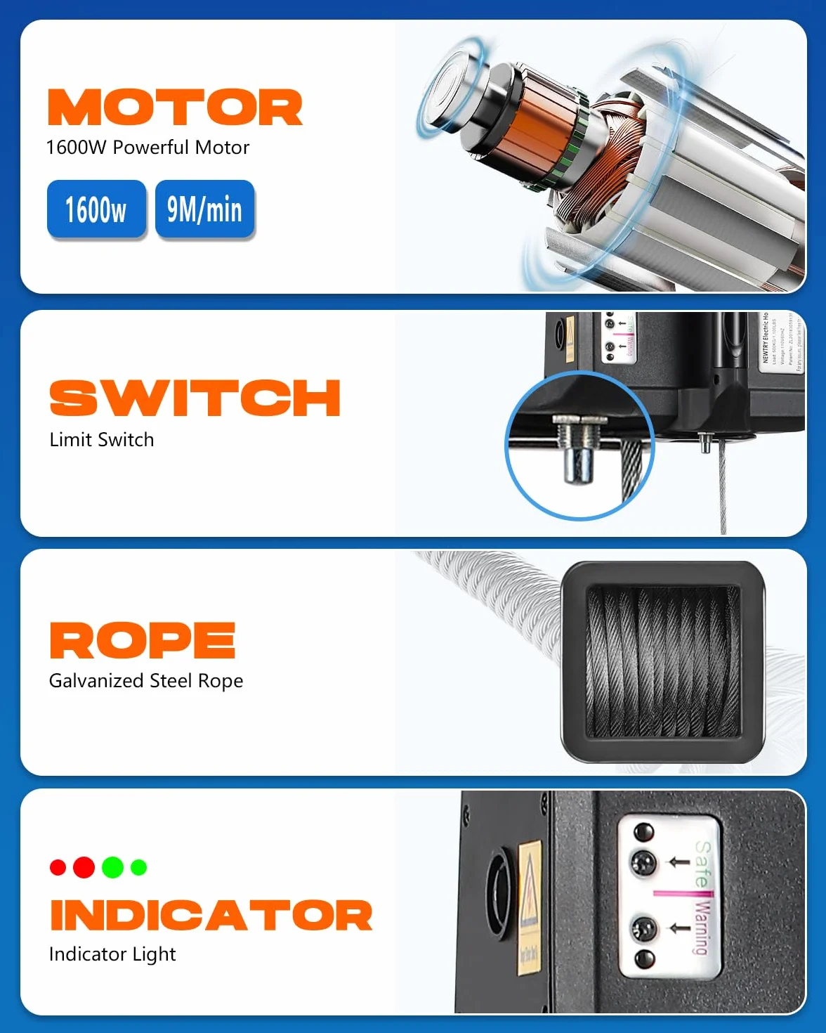 NEWTRY Polipasto Eléctrico 500KG PRO, 1600W Cabrestante Eléctrico 9m Elevación con Mando a Distancia Inalámbrico 100m y Mando con Cable 5m, Ganchos Dobles Más Seguros, Con Manual en Español
