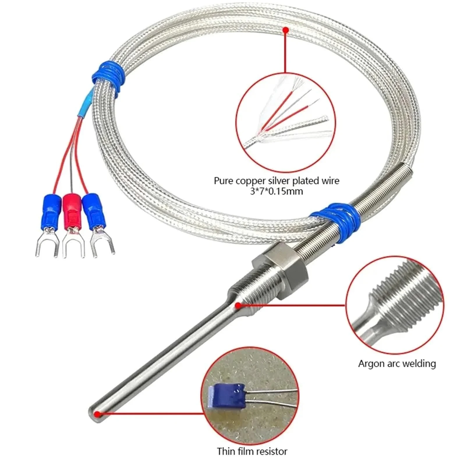 Sonda del Sensor de temperatura PT100 resistente al agua, Detector de resistencia de alta precisión roscado Industrial de acero inoxidable, línea PTFE(PT1000-PT1-8 -30mm)