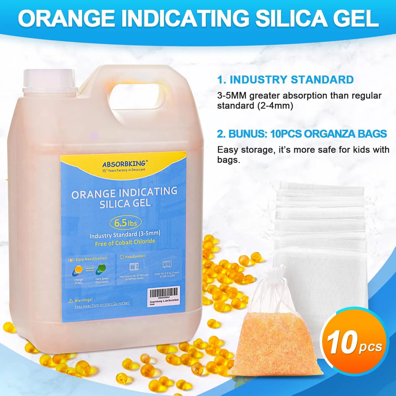 Absorbking Desecante – Cuentas desecantes de 6.5 libras con estándar de la industria de 3 a 5 mm, gel de sílice indicador naranja premium, cuentas de gel de sílice recargables utilizadas para