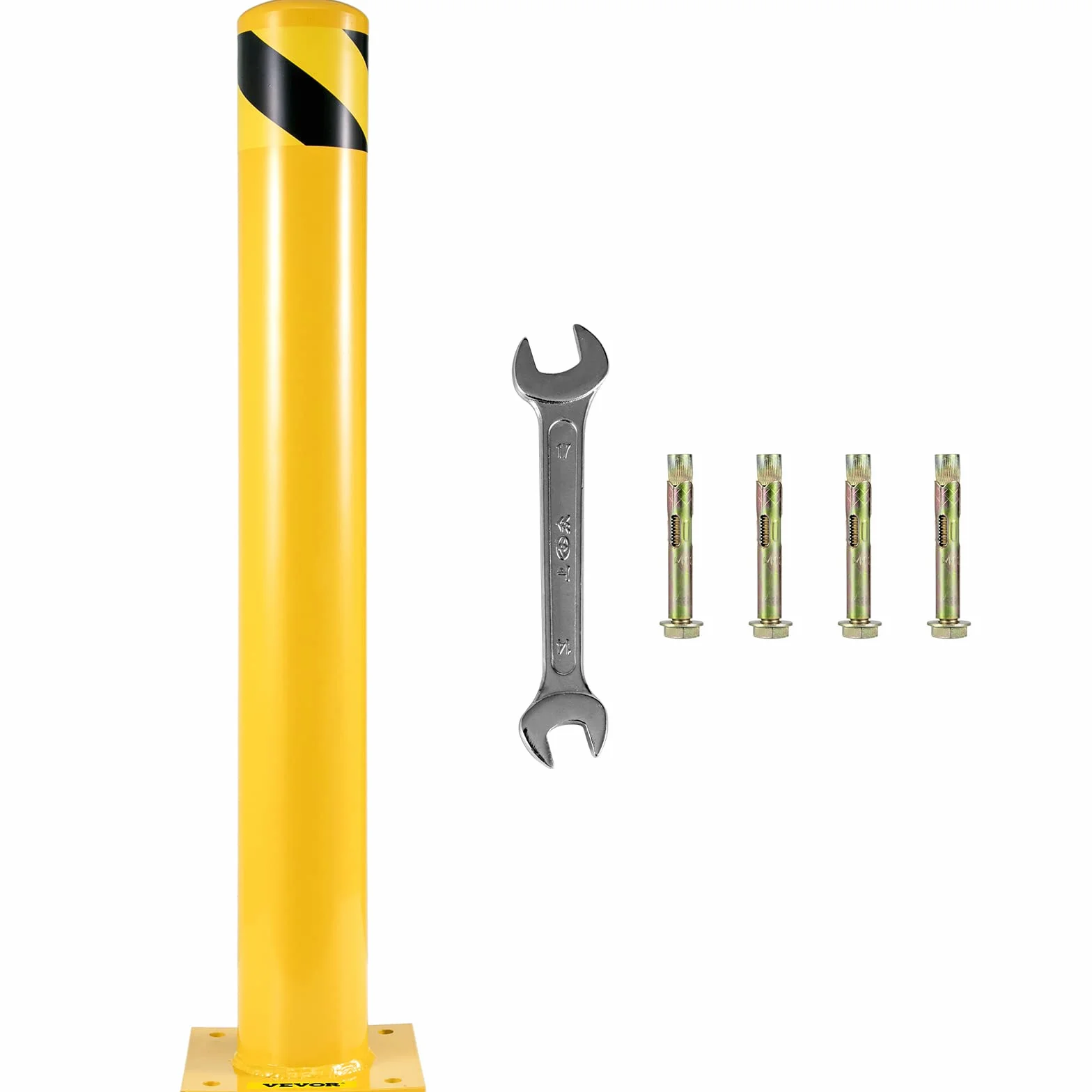 VEVOR Bolardo de Seguridad 107x14 cm 2 Piezas Bolardo de Seguridad de Tubo de Acero Recubrimiento de Polvo Amarillo Barrera de Seguridad con 8 Pernos de Anclaje para Aparcamiento, Peatones, Escuelas