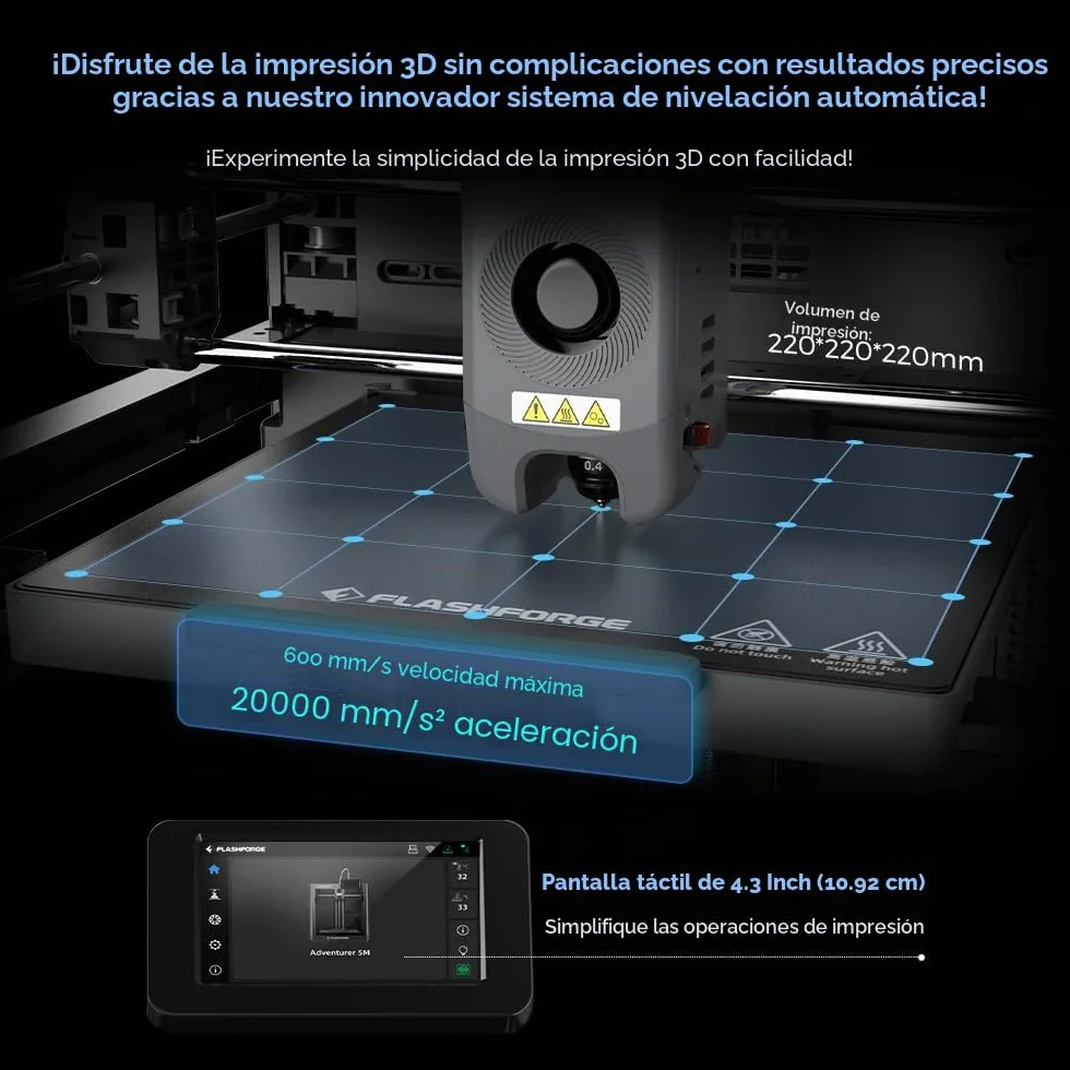 FLASHFORGE Adventurer 5M Impresora 3D, impresora de Nivelación totalmente automática, impresión de alta velocidad 600mm/s, estructura XY central, tamaño de impresión grande 220*220*220mm