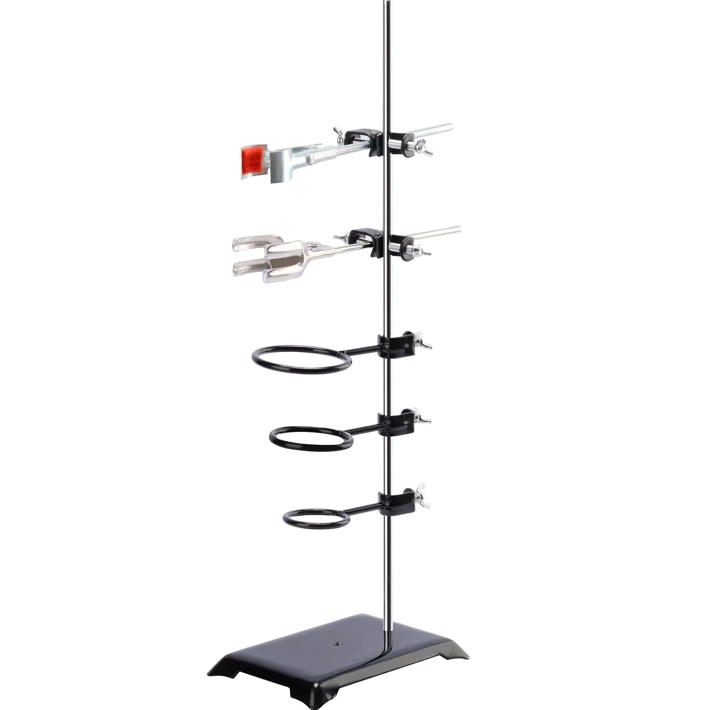 Soporte de laboratorio con varilla de 60 cm, 3 anillos de soporte, 2 pinzas para matraz, 2 pinzas de nuez, set metálico para laboratorio