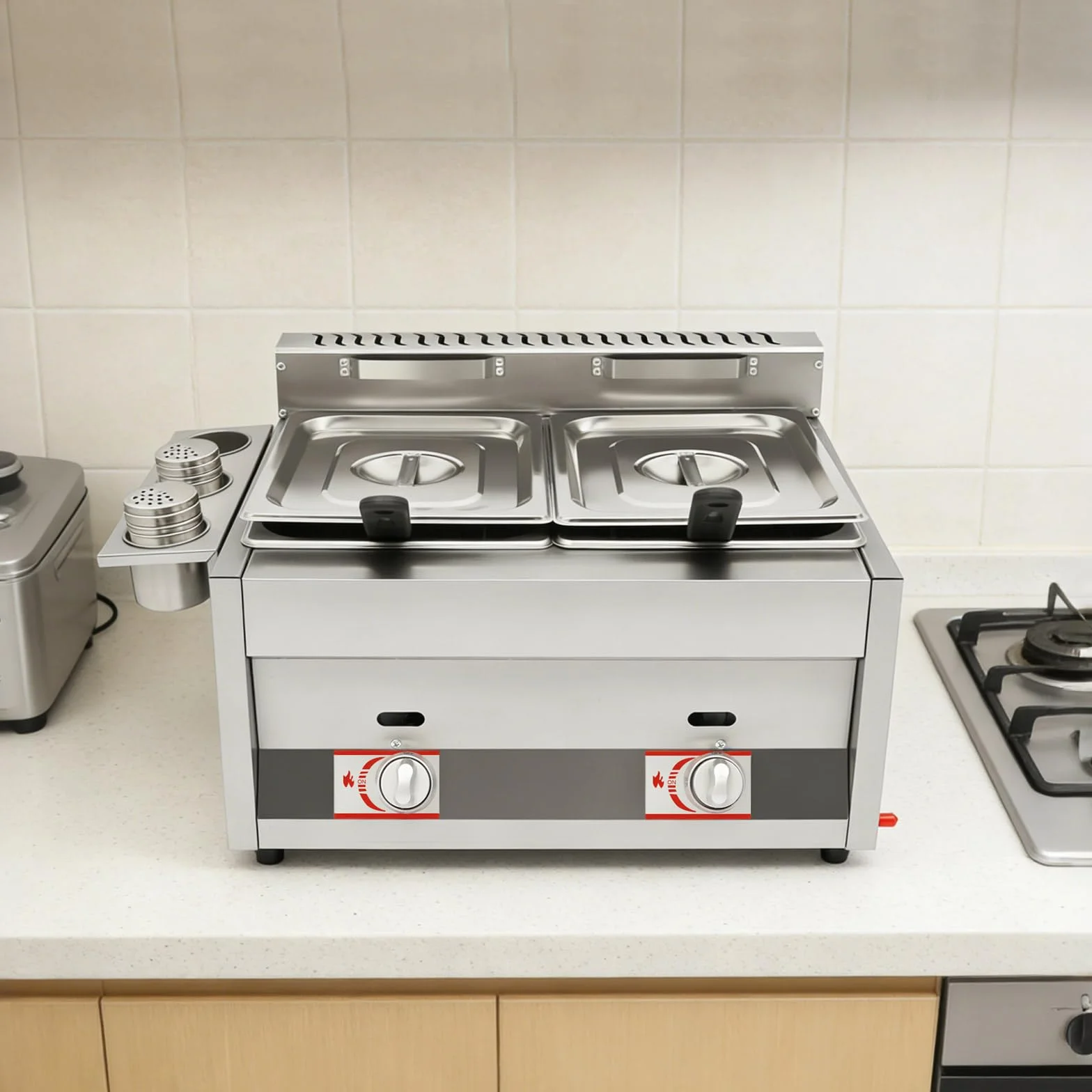 Freidora gastronómica doble de gas de acero inoxidable 430, 2 x 6,34 l, 50 – 380 °C, con tapa para patatas fritas, pollo, comercial, para restaurante, aperitivo, cocina comercial, fiesta