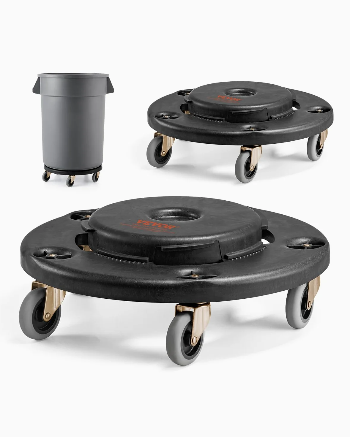 VEVOR 2 PCS Carrito de Bote de Basura, Base Redonda con Ruedas para Basura con 4 Ruedas Bloqueables, Capacidad de Peso de 227 kg, Carro para Barril Resistente, Carrito Rodante Multiuso, Negro