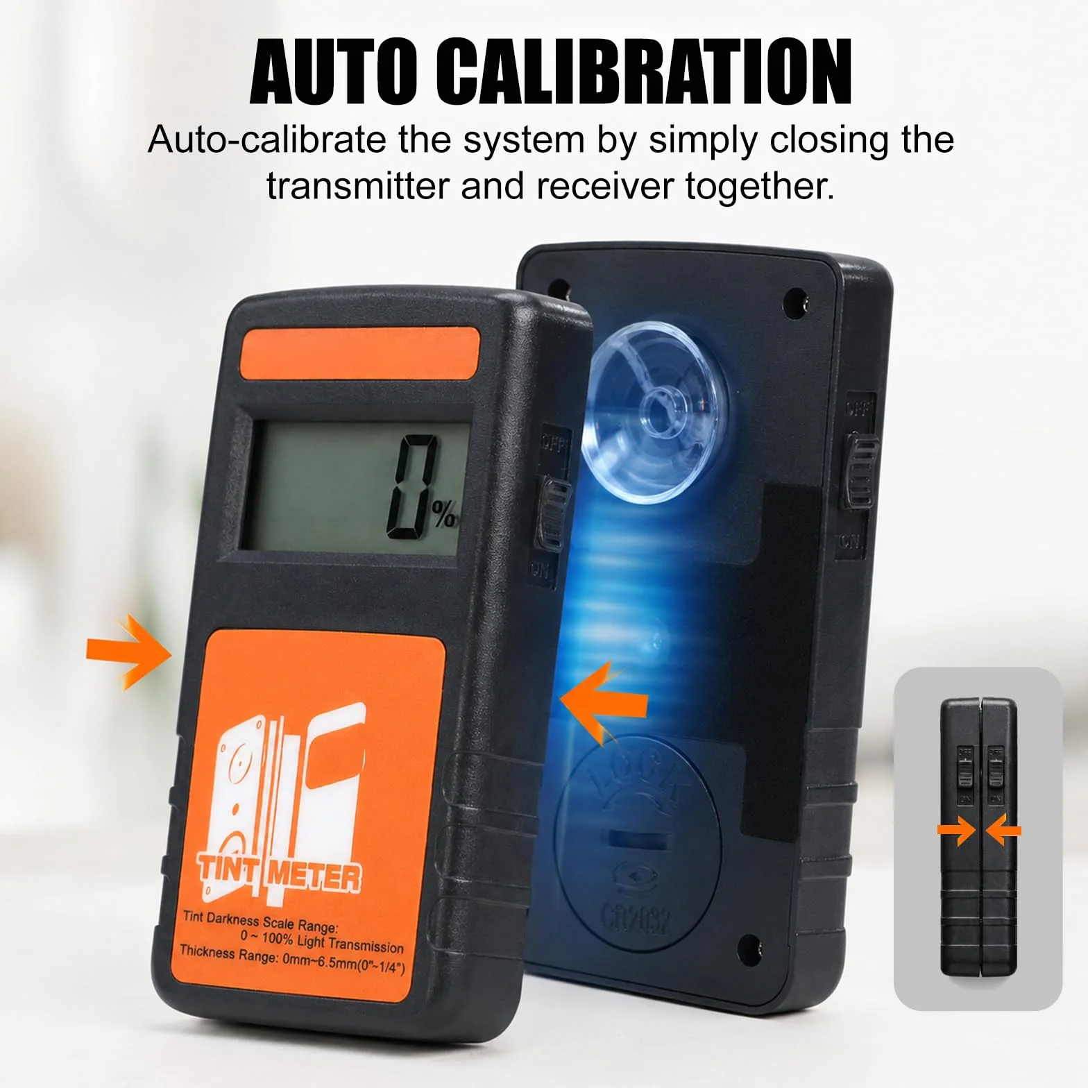 Medidor de tinte de ventana para aplicación de la ley, 100 % VLT, probador de transmisión de luz visual, transmisor y receptor de medición continua para cortinas de ventana de vehículo de automóvil