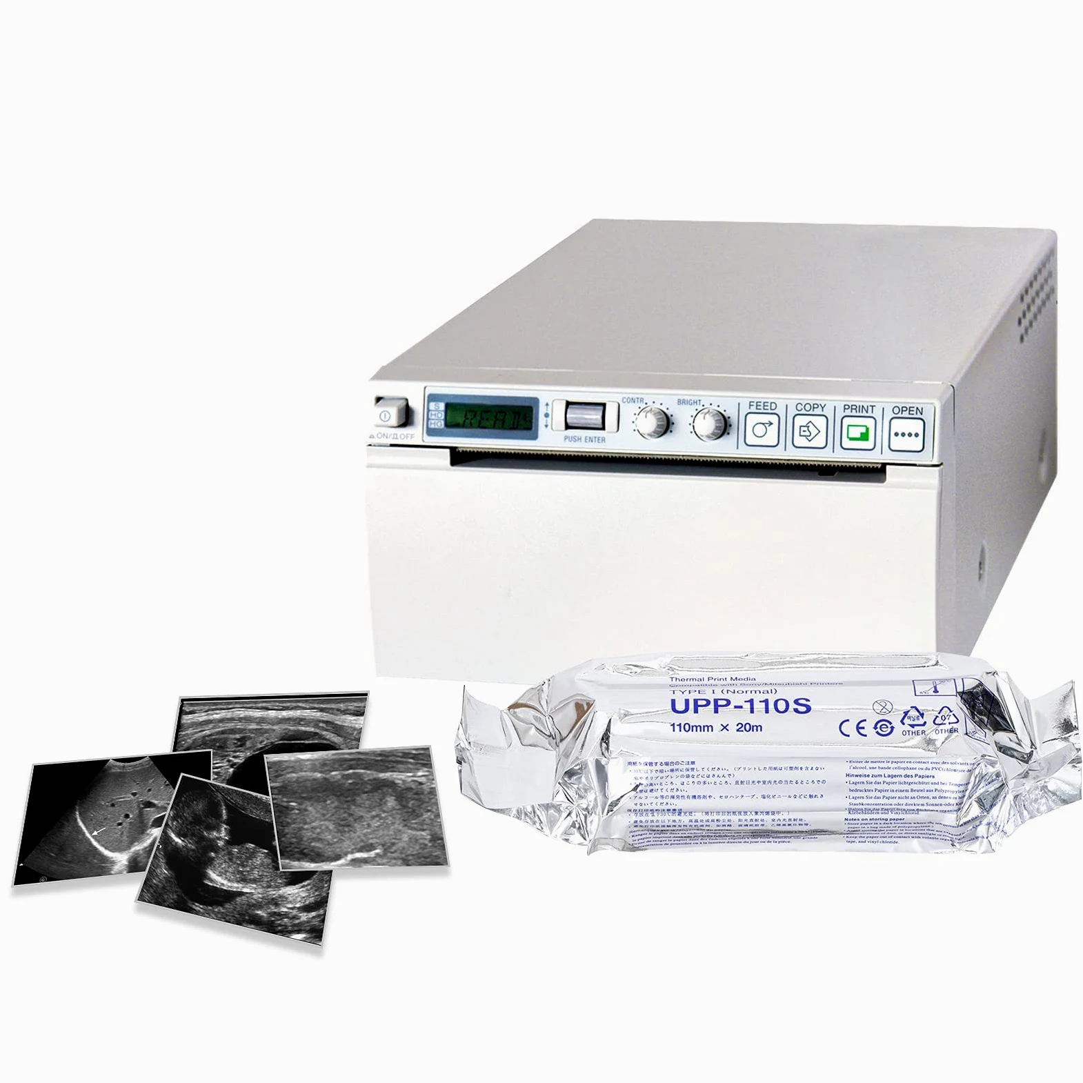 UPP-110S Sony - Papel ultrasonido compatible tipo I (nominal), medios de impresión térmica para impresora en blanco y negro (110 mm x 20 m), reemplazo para película de ultrasonido Sony (10 rollos)