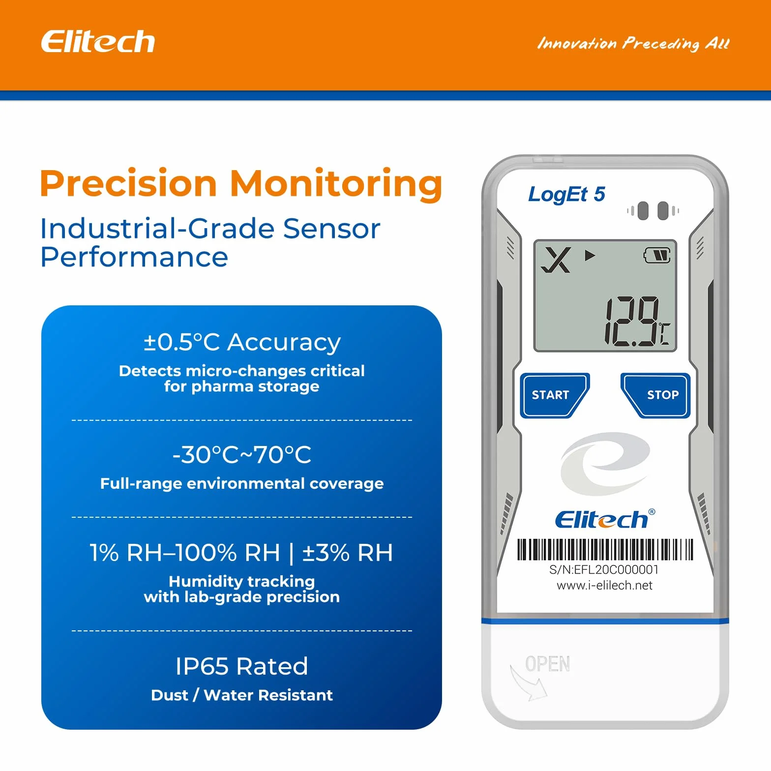 Elitech LogEt5BTH Registrador de Temperatura y Humedad USB Bluetooth Reutilizable 32.000 Puntos