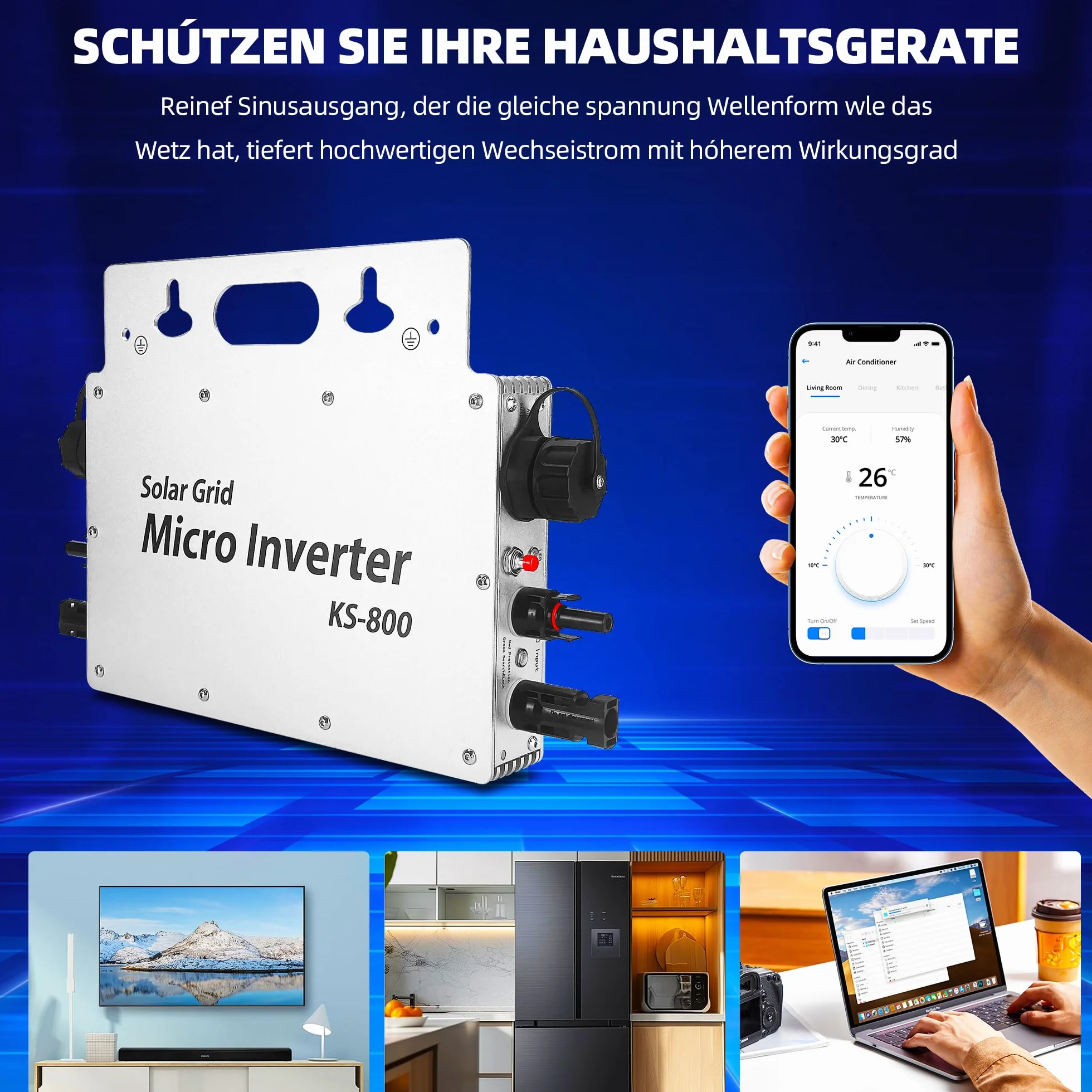 Micro inversor 800W,Inversor Central Eléctrica de Balcón con Pantalla de monitorización de Datos AC IP67 con WLAN App para 2 módulos solares para Balcony Power Station