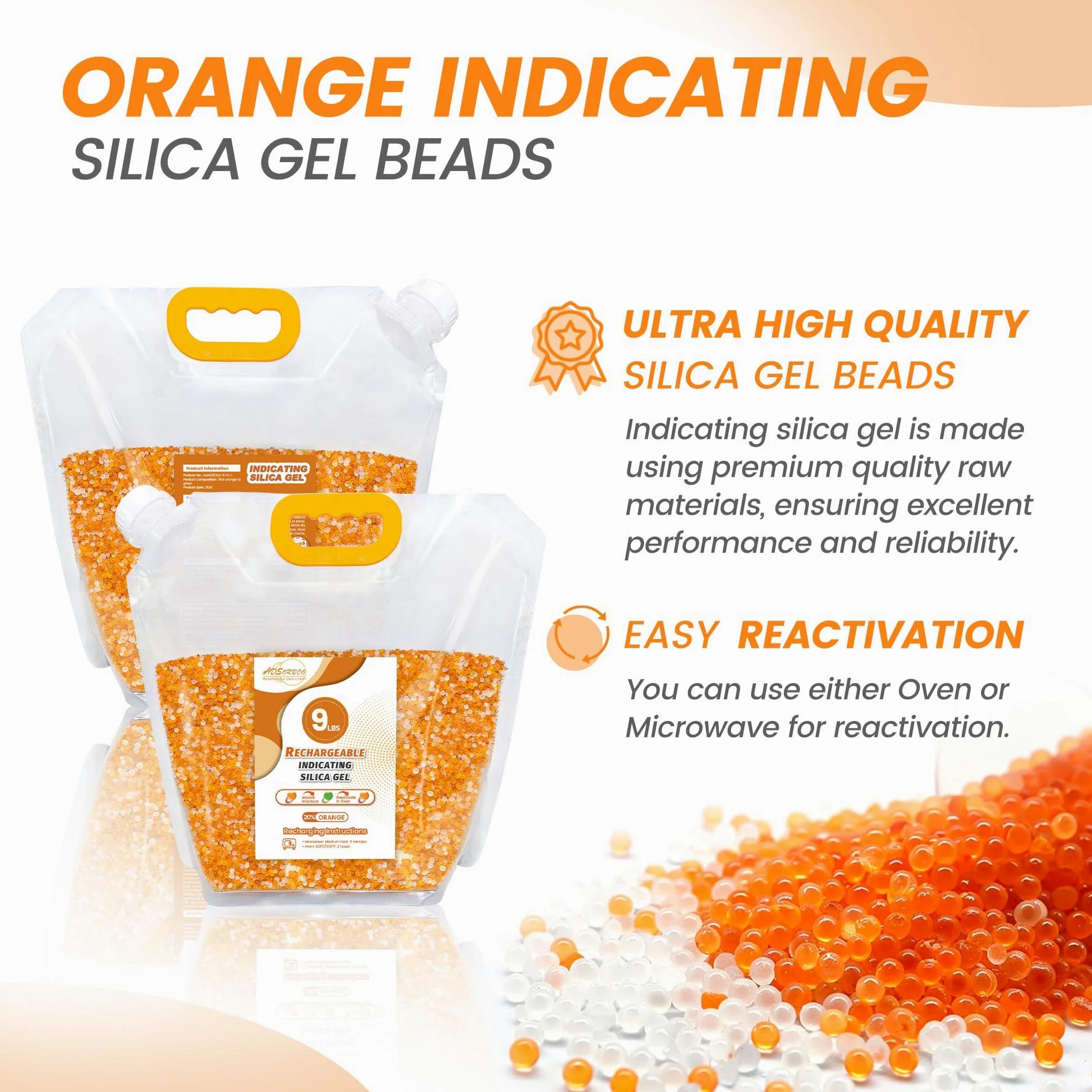 Cuentas desecantes de gel de sílice, cuentas desecantes reutilizables de 3 mm para filamento 3D, electrónica, cámaras, joyas y cajas fuertes (mezcla de naranja y blanco, 9 libras)