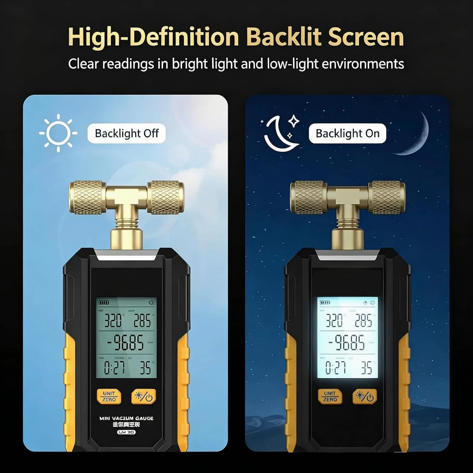 Manómetro De Vacío Digital, Detector De Fugas con Calibración Automática, con 6 Unidades Conmutables, Precisión De ±0,1%, con Pantalla LCD Retroiluminada, Herramienta De Diagnóstico HVAC