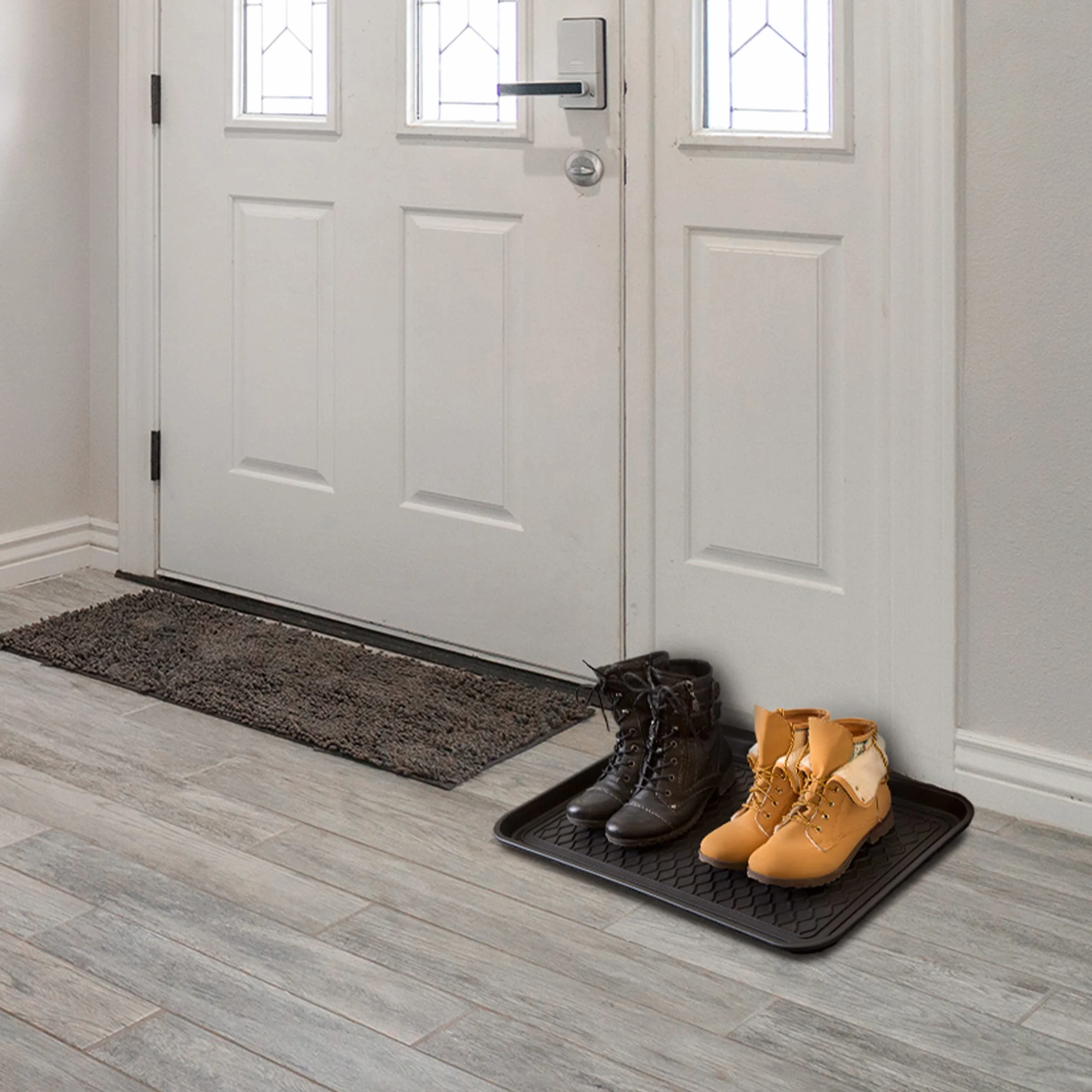 Stalwart All-Weather Indoor/Outdoor Boot Tray - Weather-Resistant Hard Plastic Shoe Mat with Raised Edge for Entryways, Decks, and Patios by (Black)