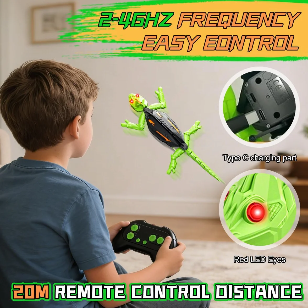 Lagartija Teledirigida con Ojos LED, Camaleón Robot Trepador Recargable, Juguete a Control Remoto para Niños 3-9+ Años
