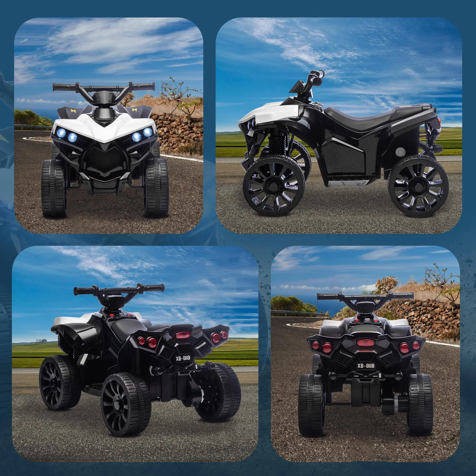AIYAPLAY Quad Eléctrico para Niños 6V, Velocidad 3km/h, Faros y Música, Blanco