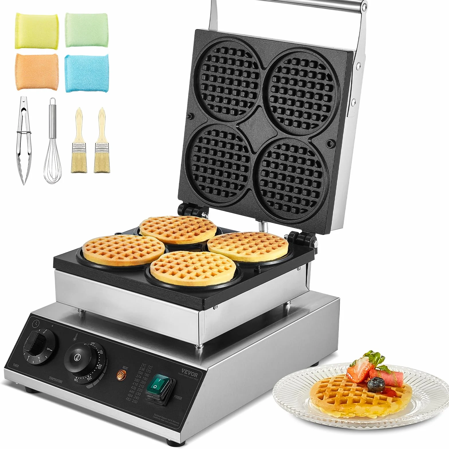 VEVOR Máquina para Hacer Gofres Comerciales, 4 Piezas, Acero Inoxidable Antiadherente de 1750 W con Control de Temperatura y Tiempo, para Restaurantes, Panaderías, Bares y Familias, 300 x 405 x 245 mm