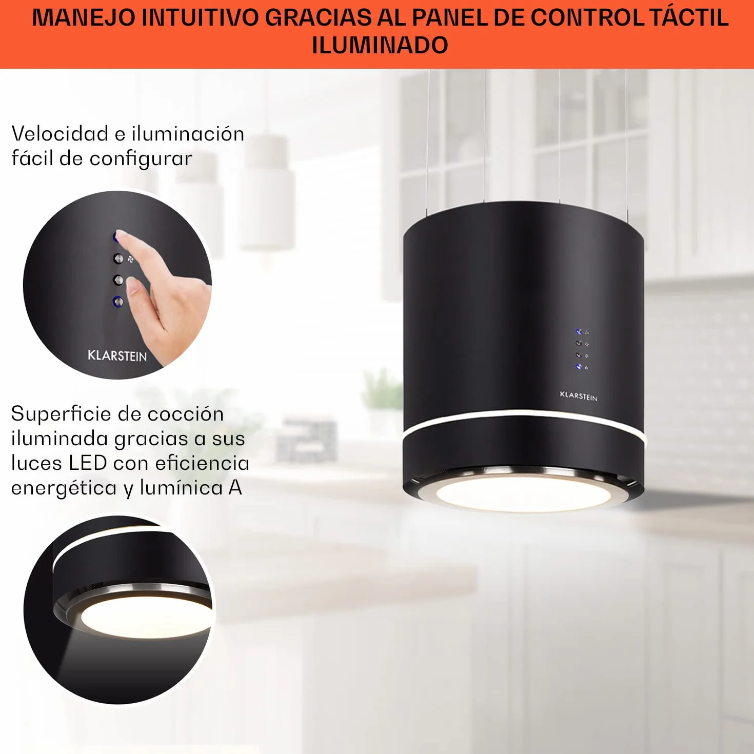 Klarstein Tron Ambience Campana extractora isla 165 W 540m³/h 38 cm 3 niveles LED Acero Grafito