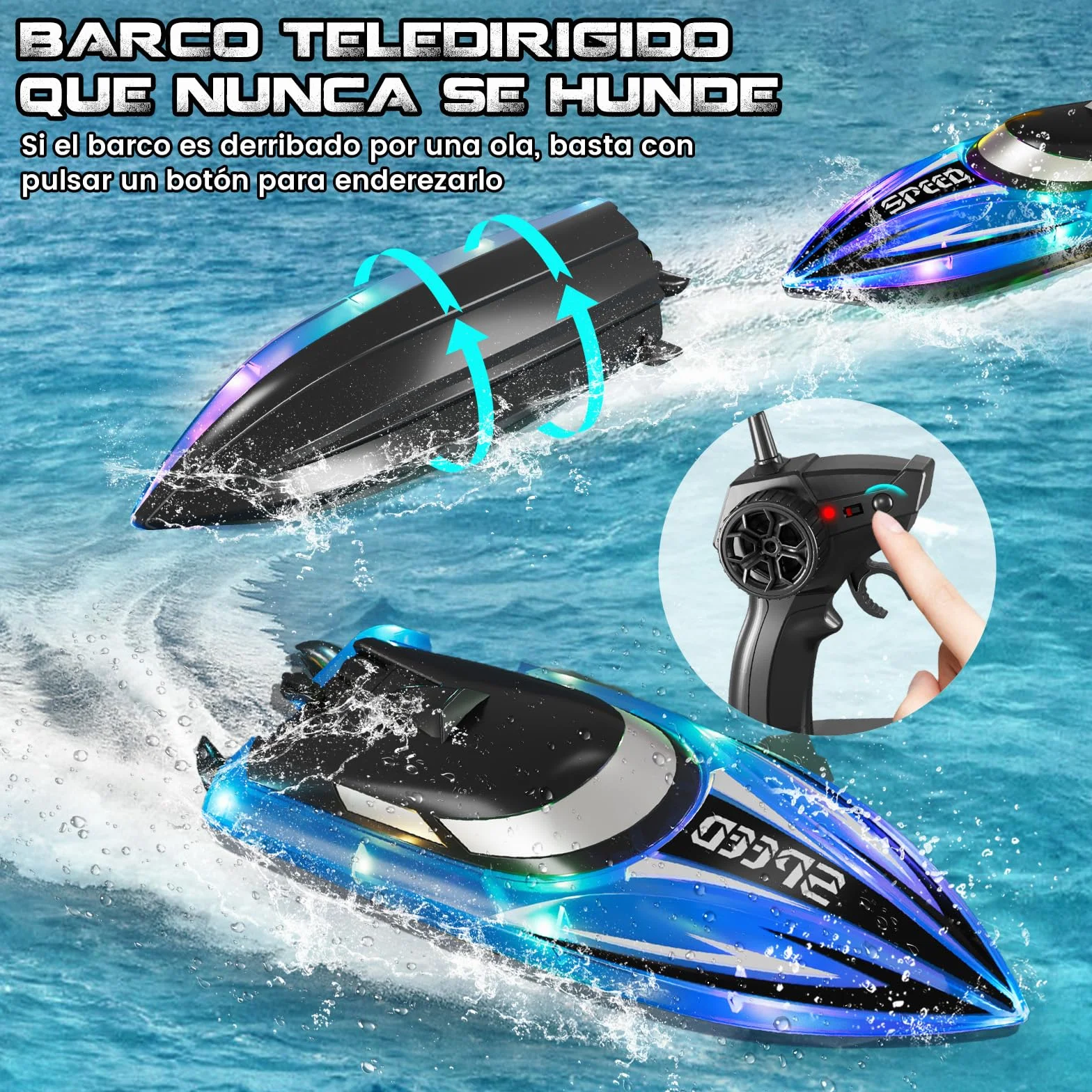 Barco Teledirigido 2.4GHz con Luces LED, Alarma de Batería Baja, 2 Piezas, RC Regalo para Niños y Adultos (Rojo + Azul)