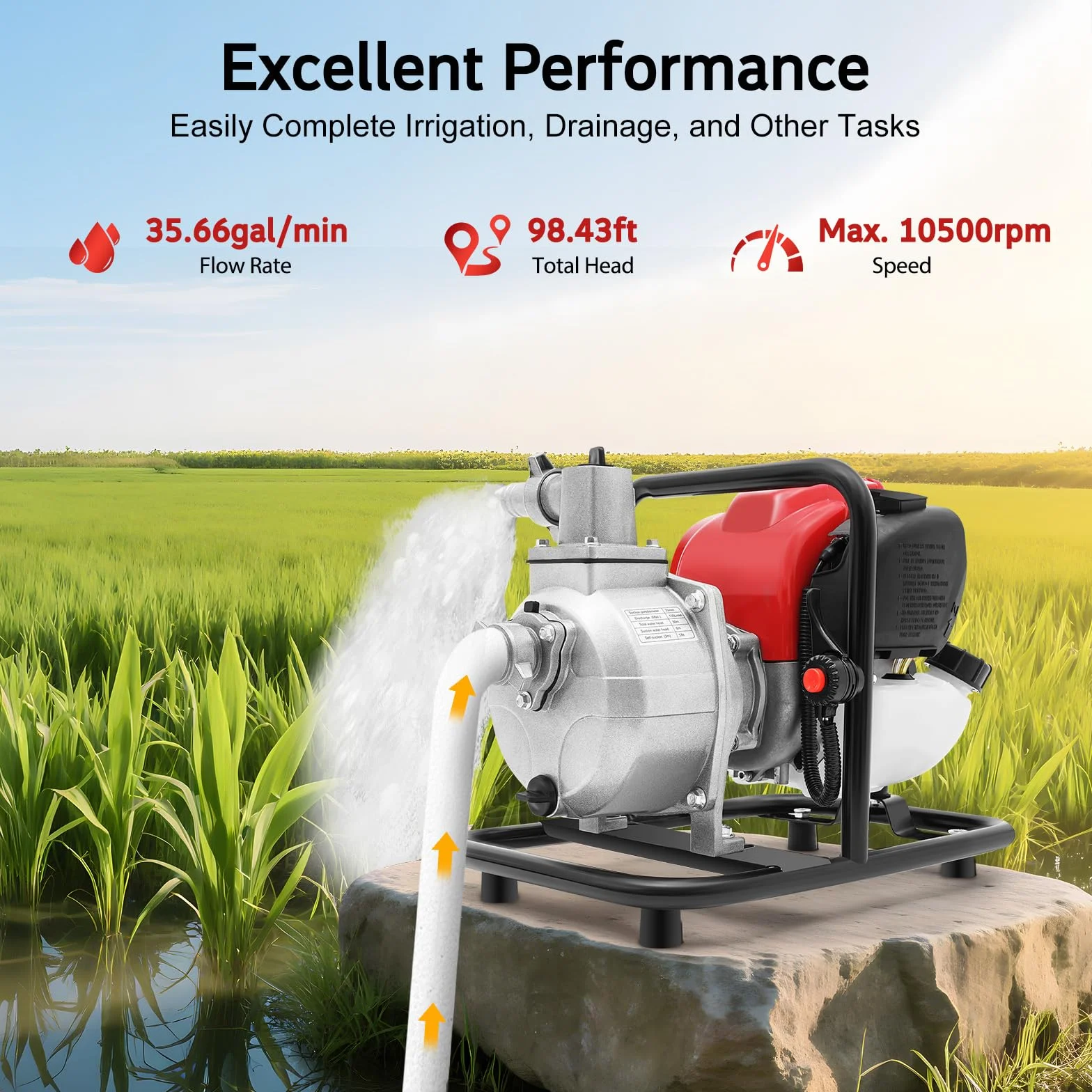Bomba de agua de gasolina de 4 tiempos, bomba de motor de alta presión para jardín, bomba de lodo, bomba de gasolina, motor de un cilindro refrigerado por aire, 38cc, 1,2 kW, 8500 rpm