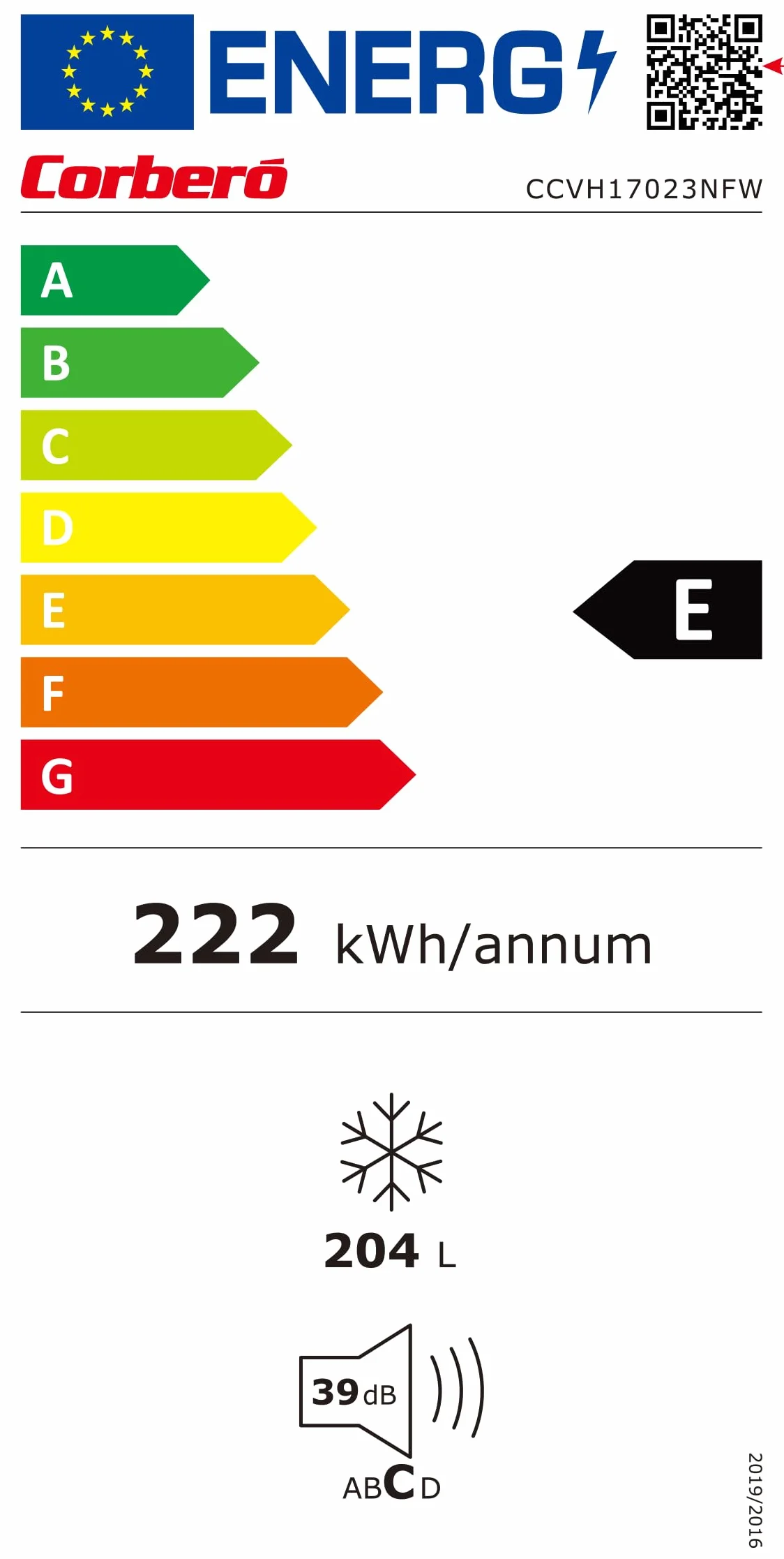 Corberó Congelador Vertical No Frost Inverter 204L 171.5 cm Blanco